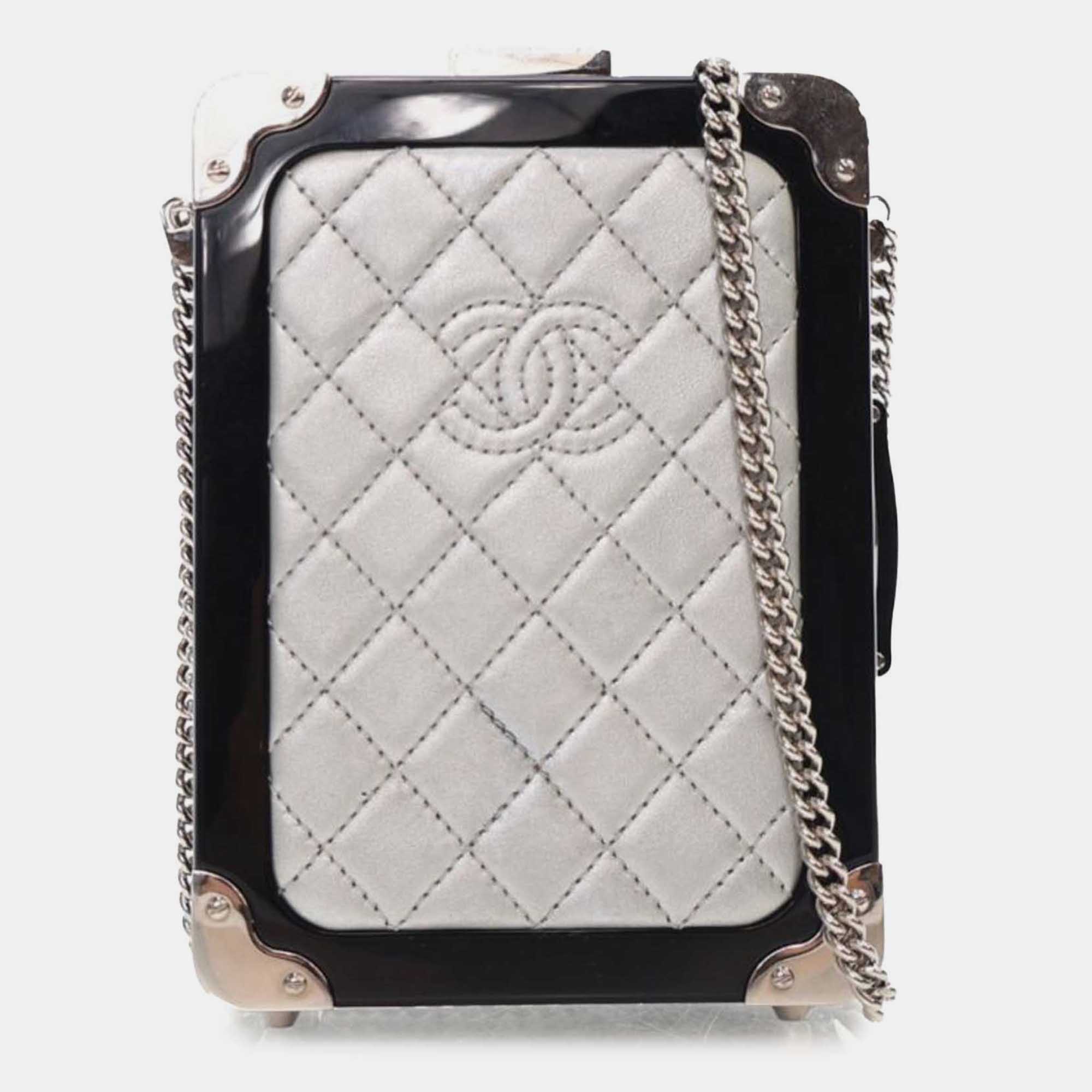 

Chanel Black Silver Acrylic and Lambskin Evening In The Air CC Trolley Minaudiere Clutch on Chain