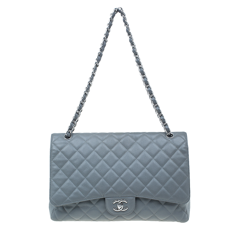 Pre Owned Chanel Grey Calfskin Classic Maxi Flap Bag