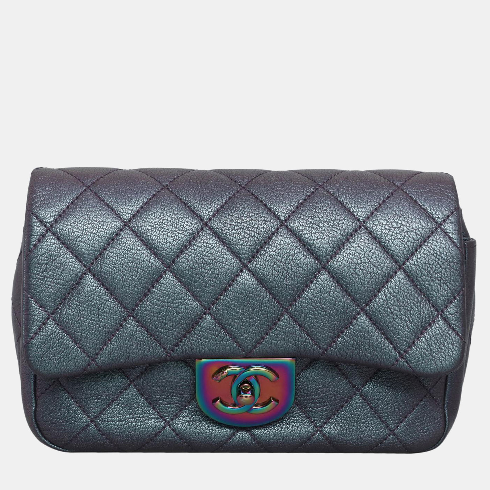 

Chanel Purple, Blue Iridescent Leather Small Double Carry Flap Bag