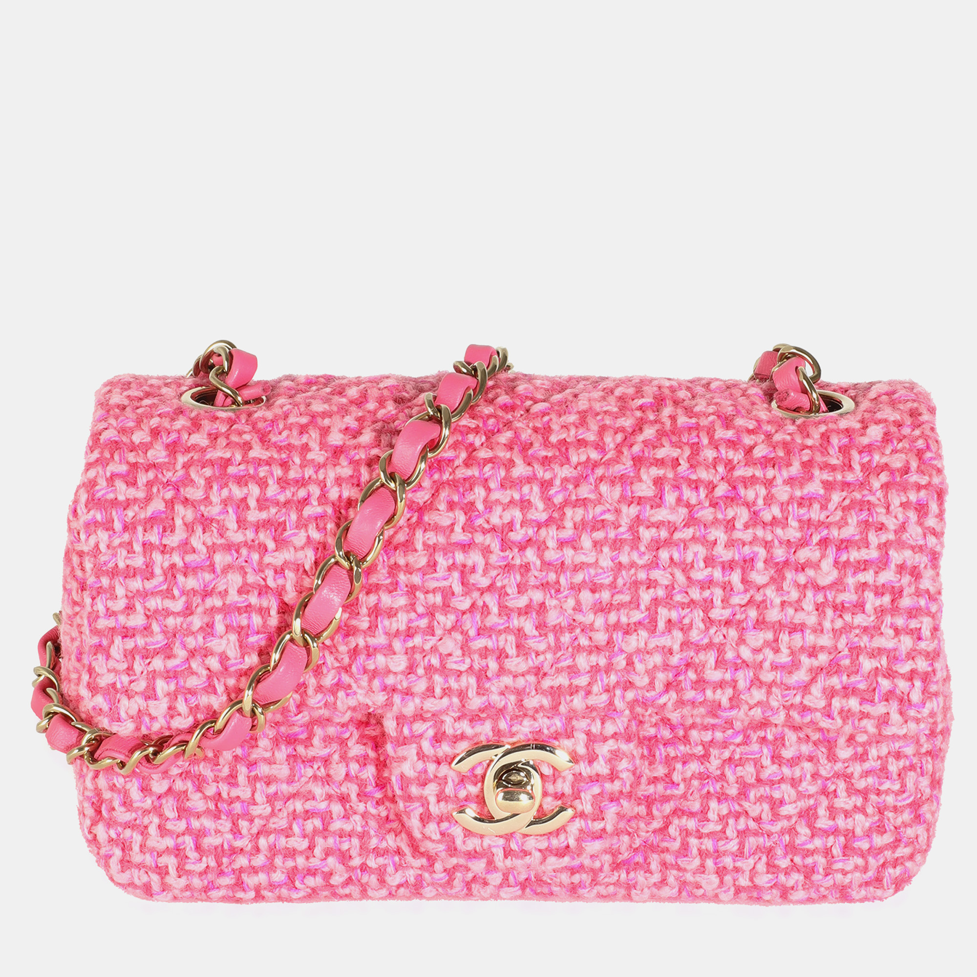 

Chanel Pink Quilted Wool Tweed Mini Rectangular Flap Bag