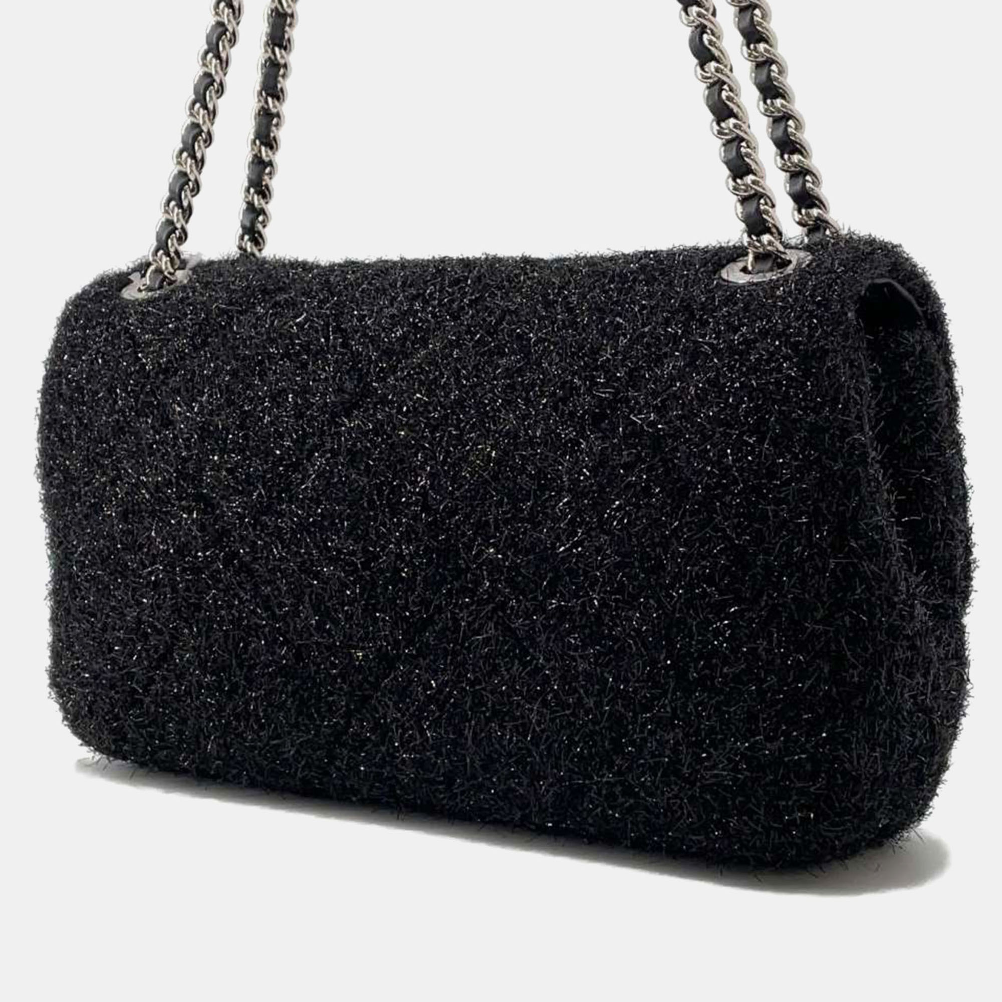 Chanel Matelasse Chain Pool Toe Glitter Black Lambskin Mix Fiber Size 25 Shoulder Bag 