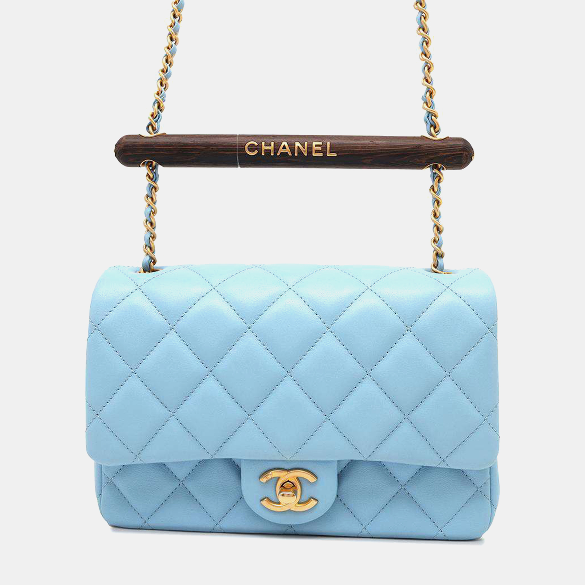 

Chanel Light Blue Lambskin MTiers DArt Wood Handle Chain Shoulder Bag