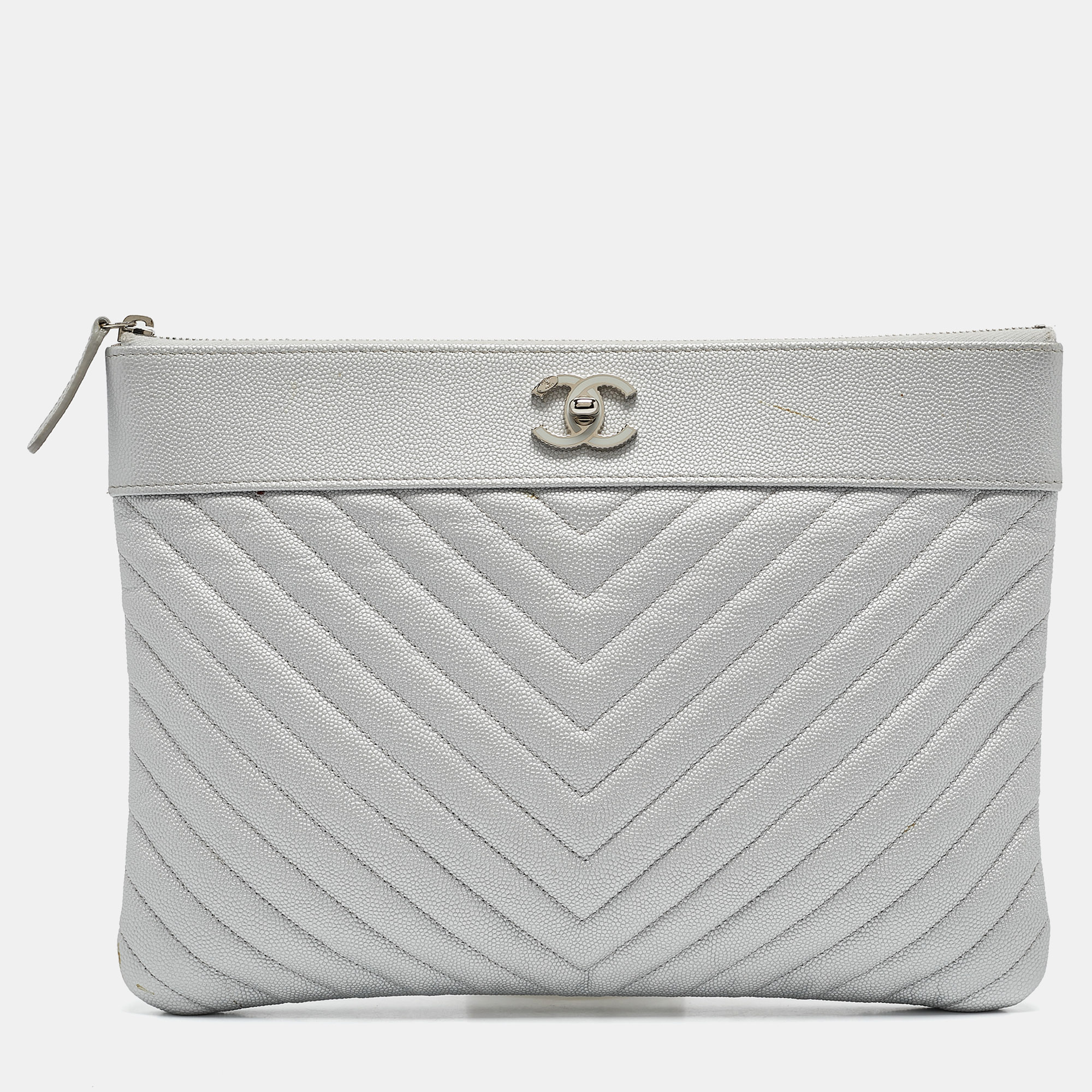 

Chanel Silver Chevron Leather O-Case Zip Pouch