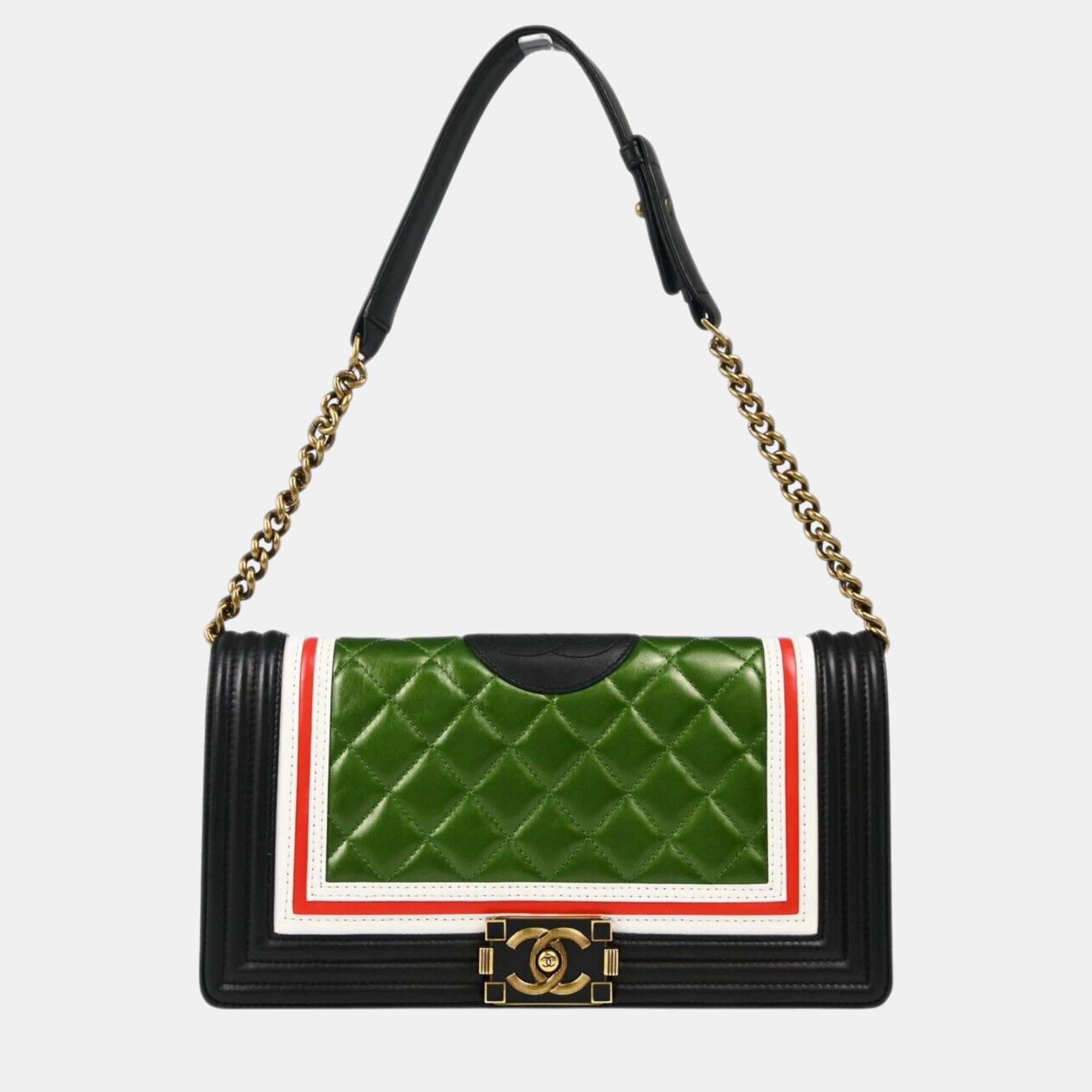 

Chanel Black/White/Red/Green Quilted Lambskin Leather East/West Crest Boy Bag