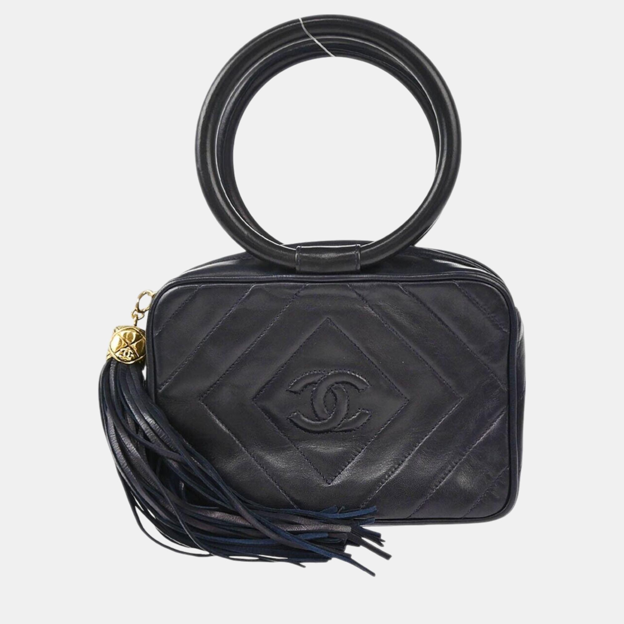 

Chanel Navy Lambskin Leather Fringe Handbag, Navy blue