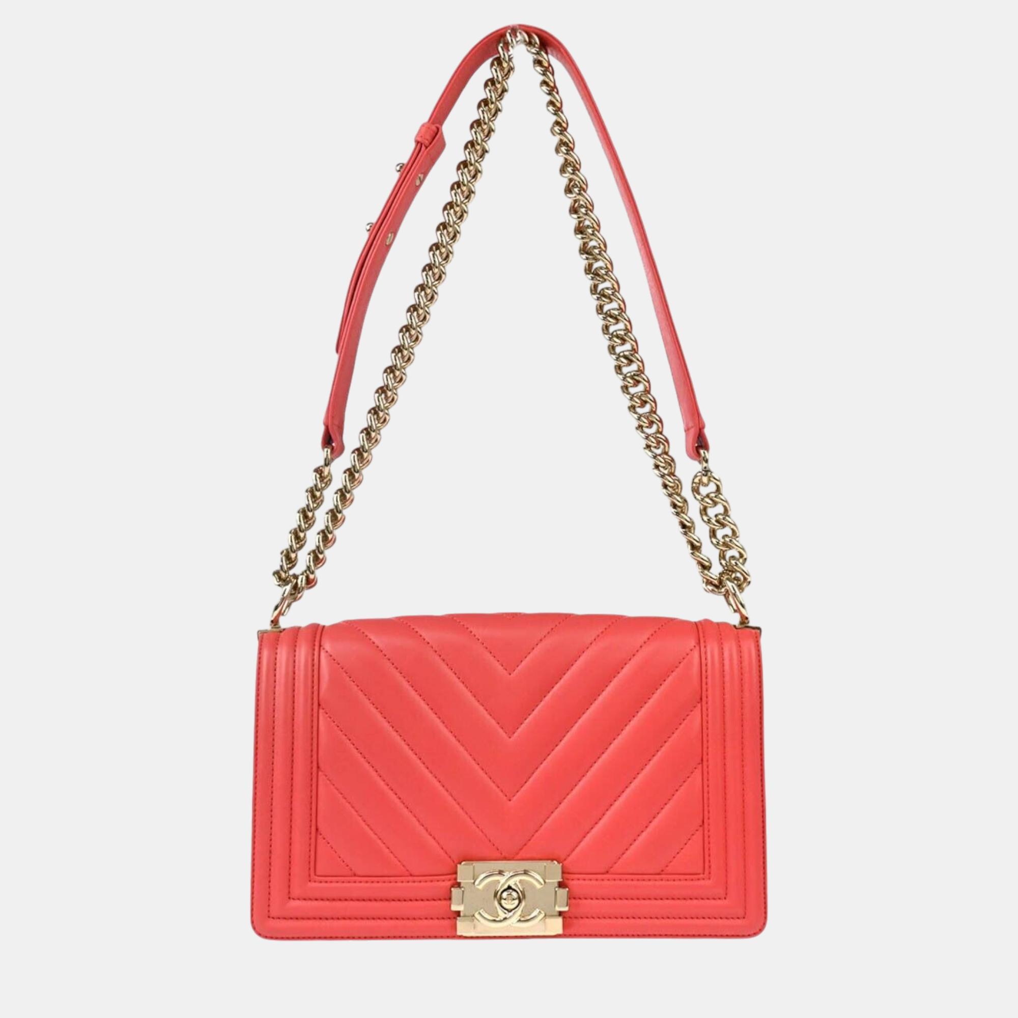 

Chanel Boy Pink Lambskin Chevron Medium Double Chain Shoulder Bag