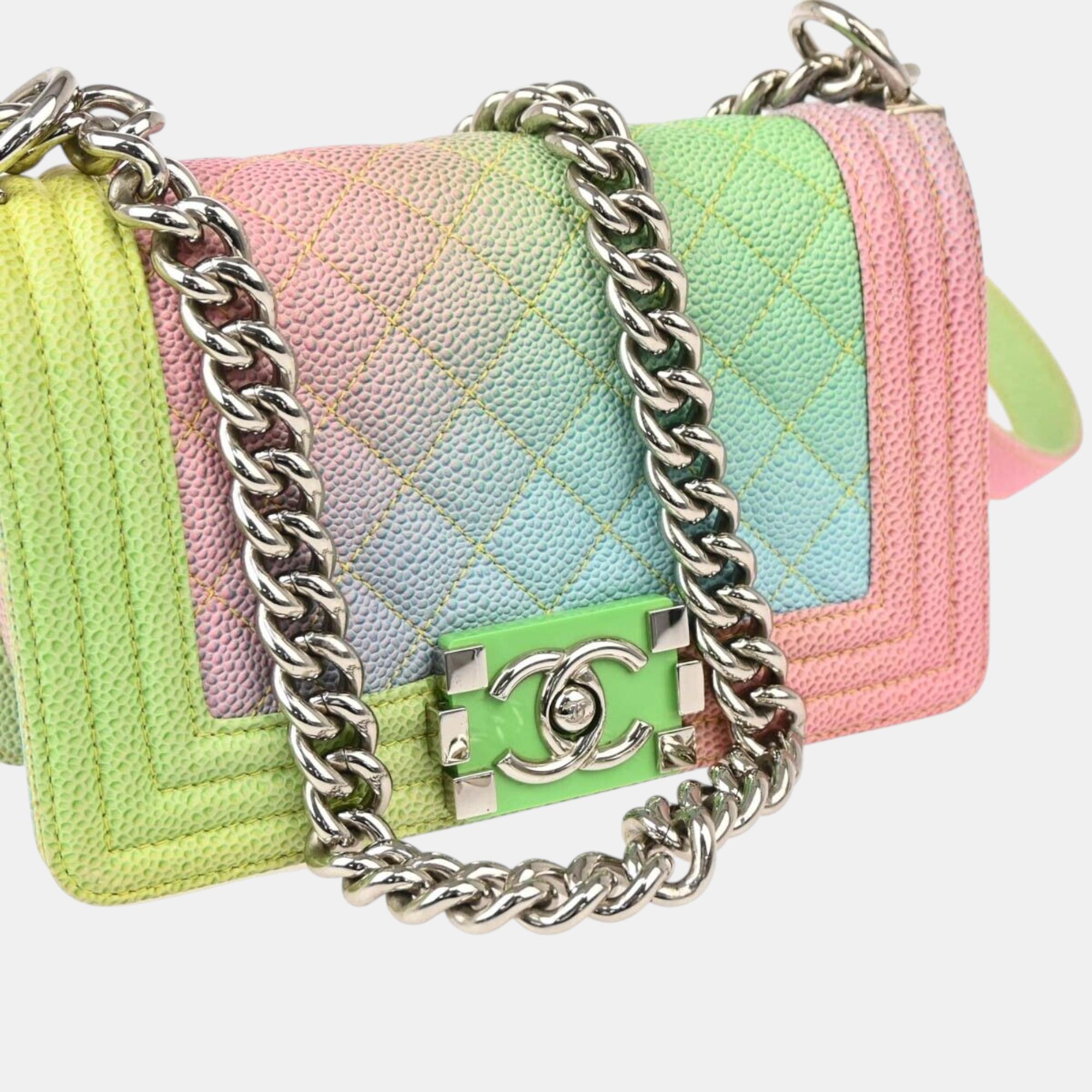Chanel Boy Chanel Pink Blue Calfskin Small Chain Shoulder Bag 