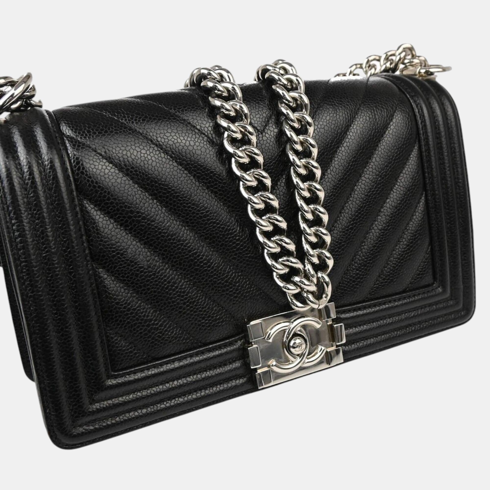 Chanel Boy Black Calfskin Chevron Medium Chain Shoulder Bag 
