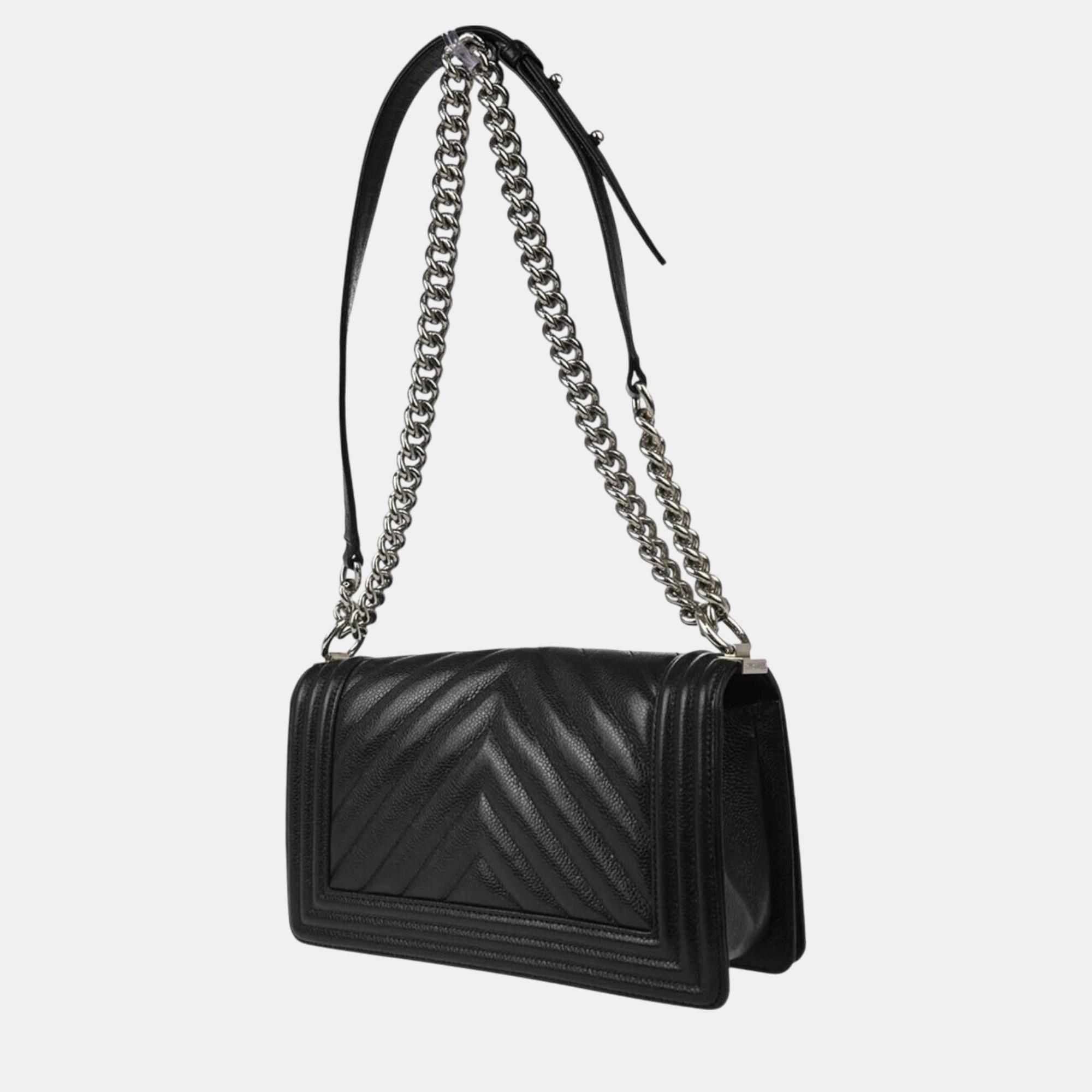 Chanel Boy Black Calfskin Chevron Medium Chain Shoulder Bag 