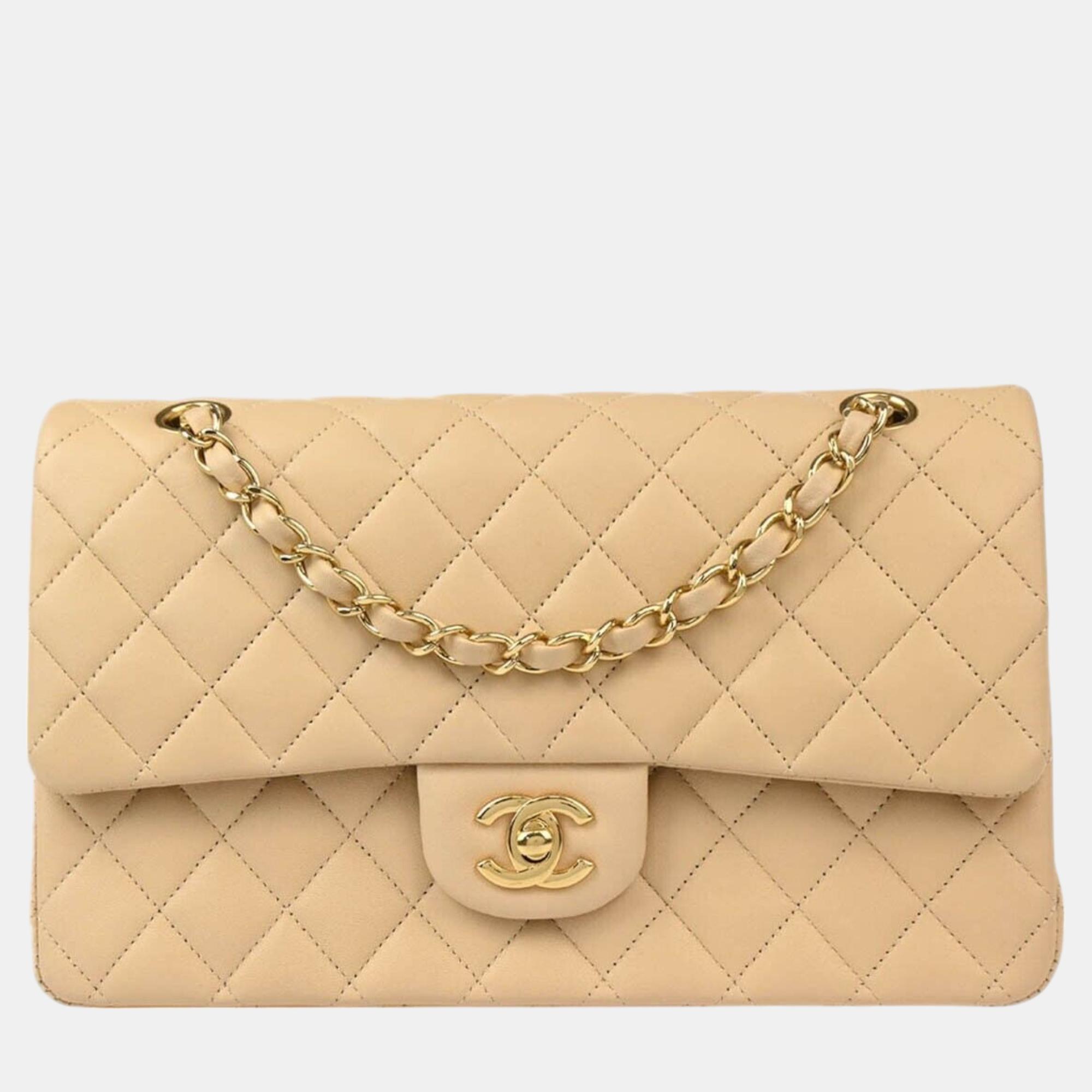 

Chanel Beige Lambskin Medium Classic Double Flap Shoulder Bag