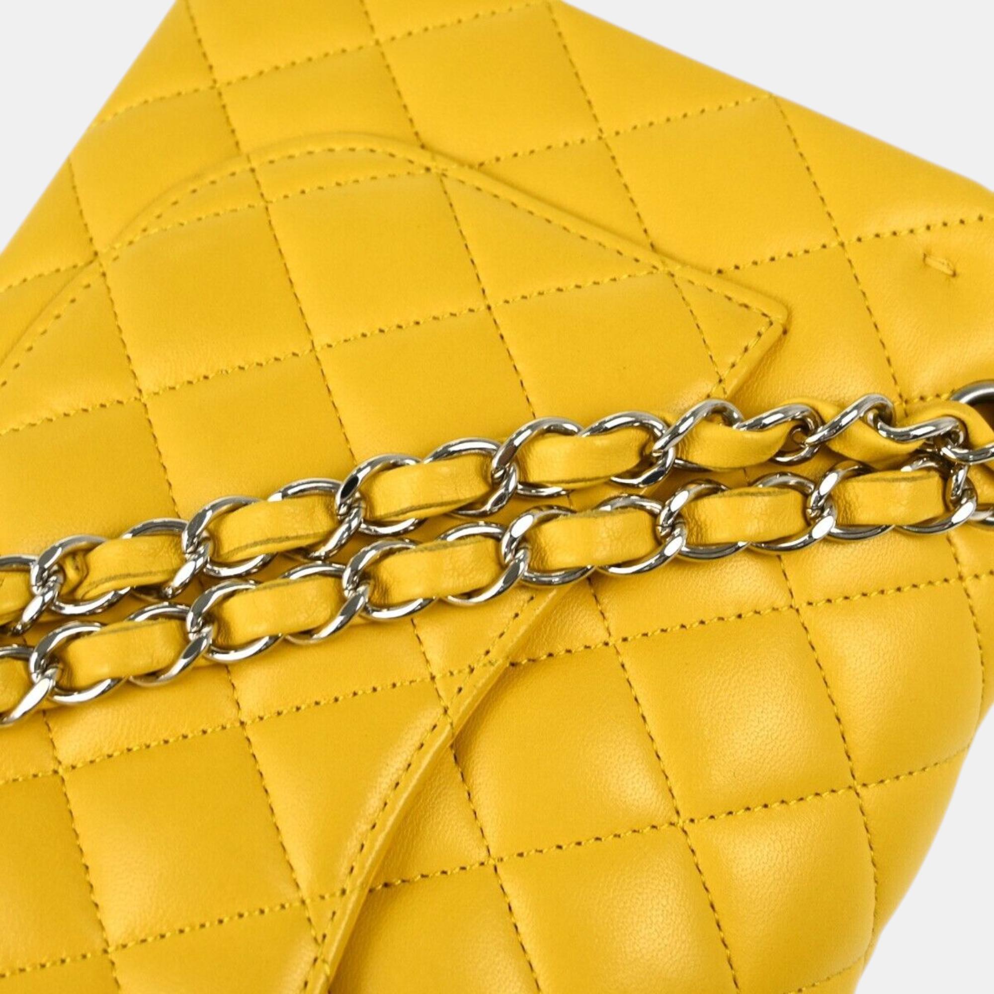 Chanel Yellow Lambskin Small Classic Double Flap Shoulder Bag 