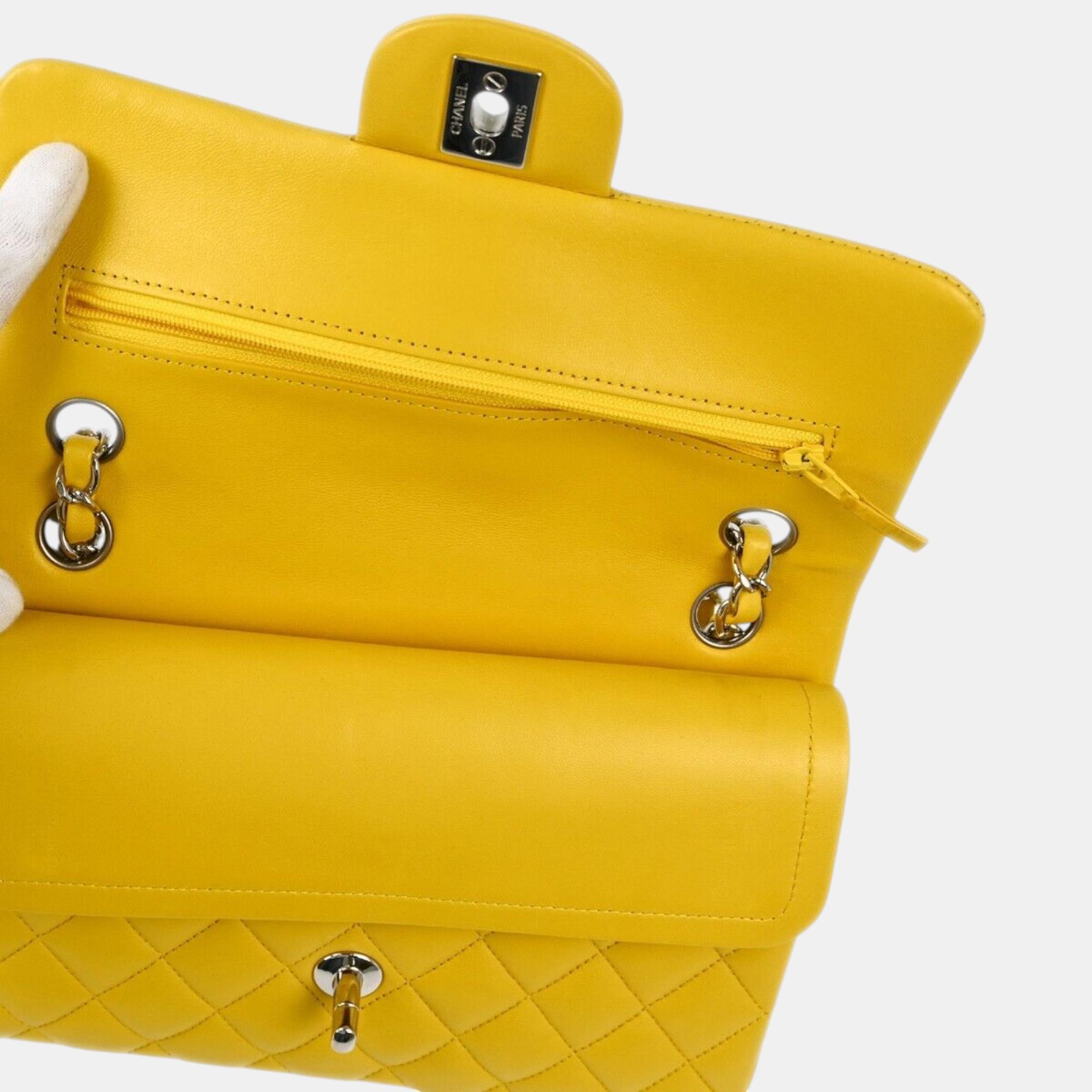 Chanel Yellow Lambskin Small Classic Double Flap Shoulder Bag 