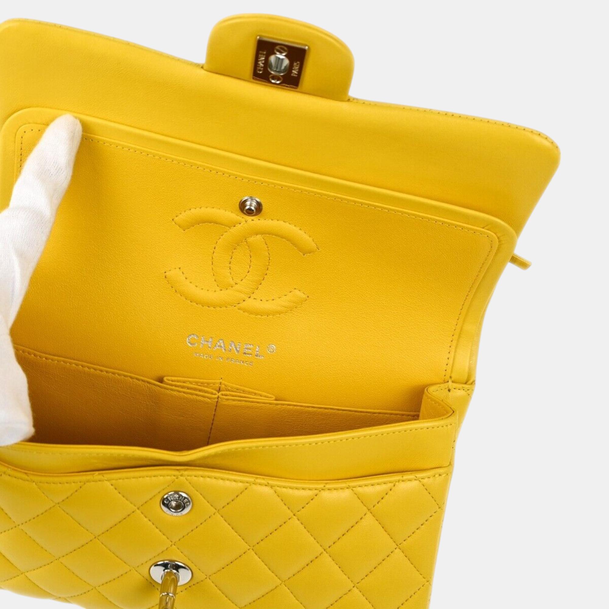 Chanel Yellow Lambskin Small Classic Double Flap Shoulder Bag 
