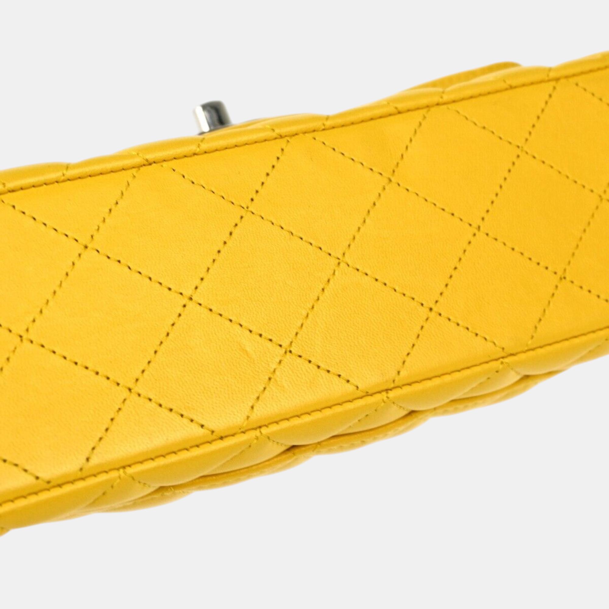Chanel Yellow Lambskin Small Classic Double Flap Shoulder Bag 