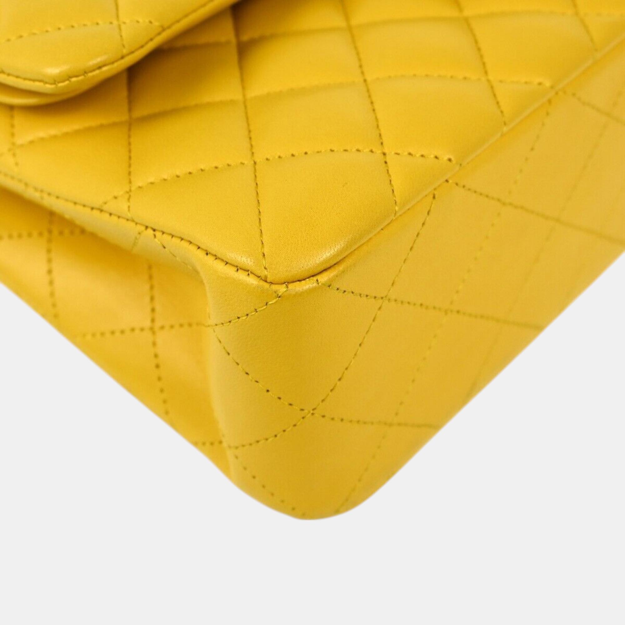 Chanel Yellow Lambskin Small Classic Double Flap Shoulder Bag 