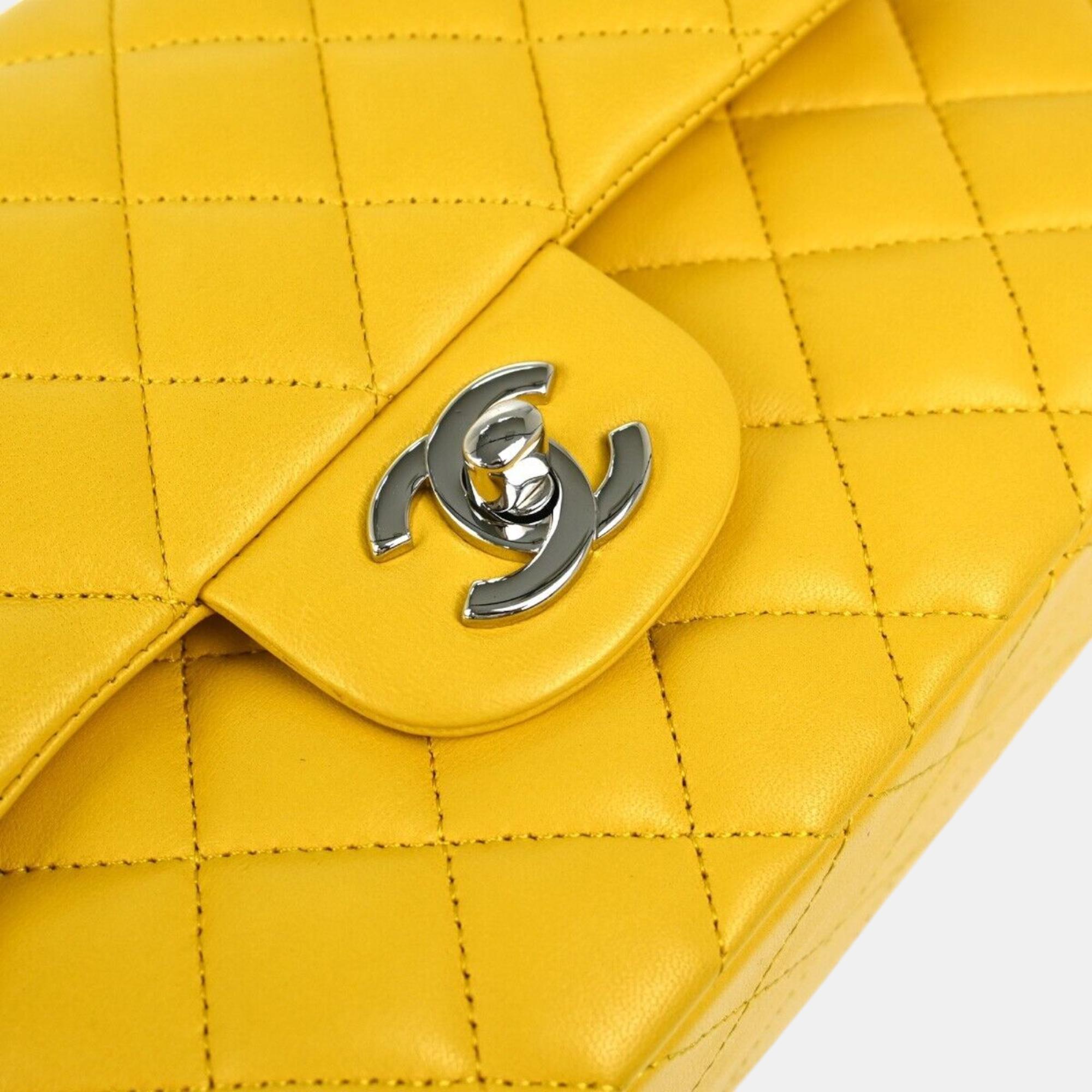 Chanel Yellow Lambskin Small Classic Double Flap Shoulder Bag 