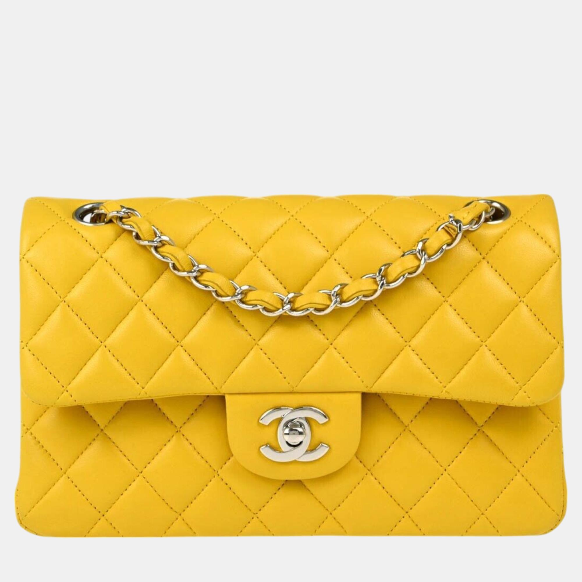 

Chanel Yellow Lambskin Small Classic Double Flap Shoulder Bag