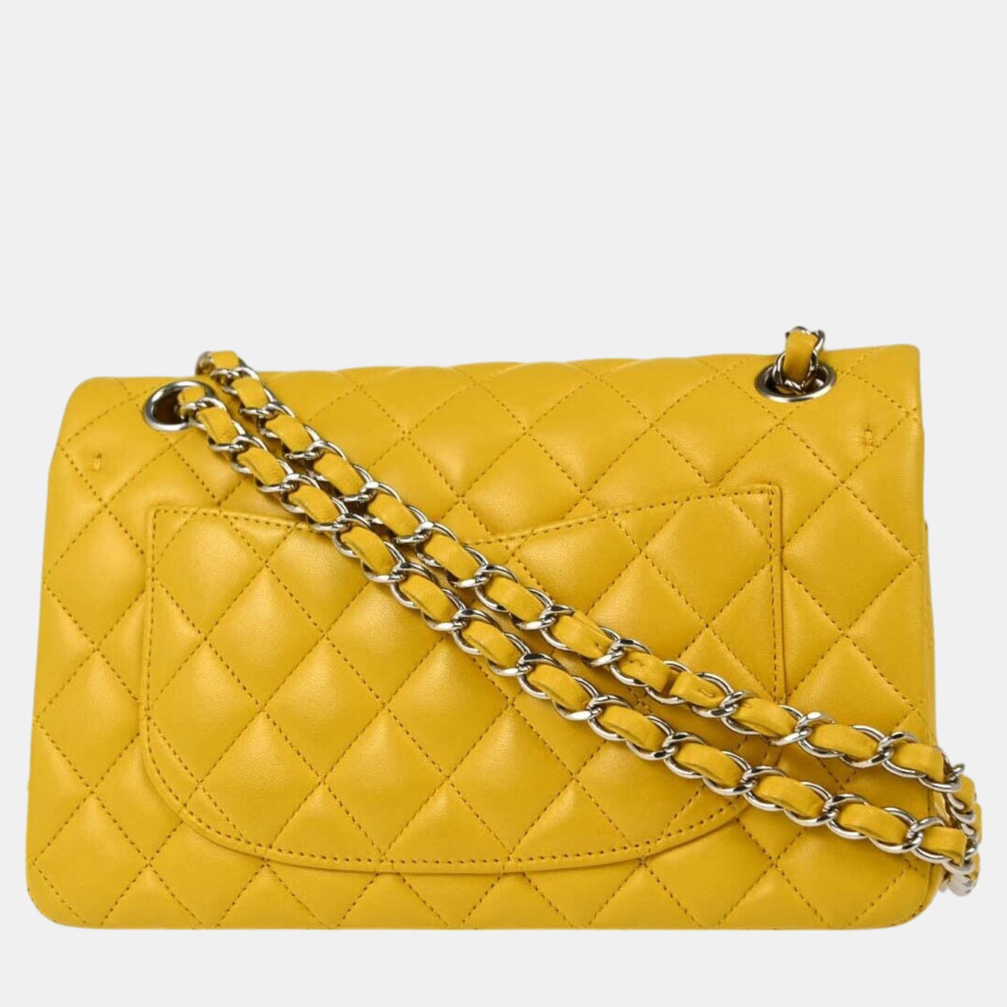 Chanel Yellow Lambskin Small Classic Double Flap Shoulder Bag 