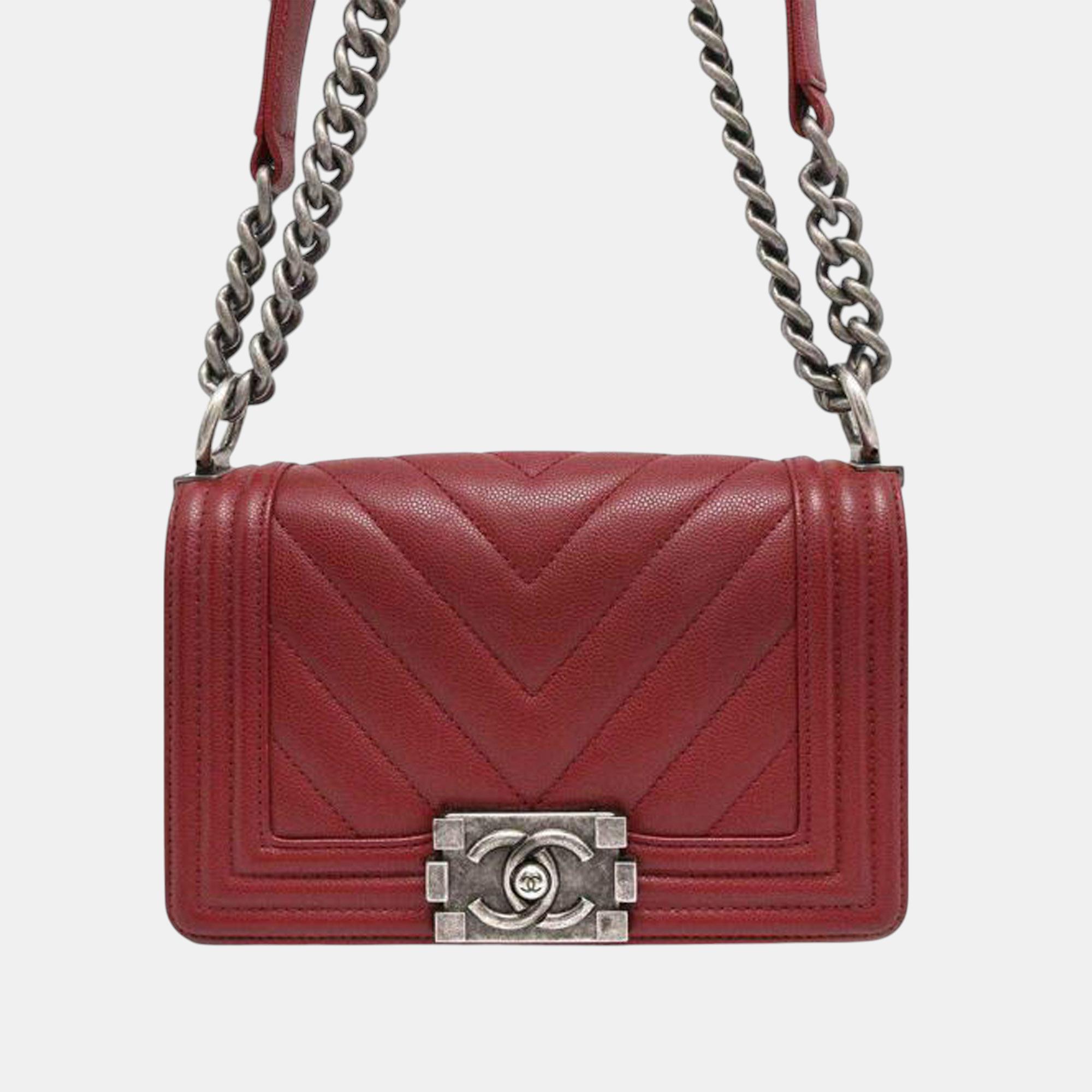 

Chanel Red Small Chevron Quilted Caviar Boy Flap Bag