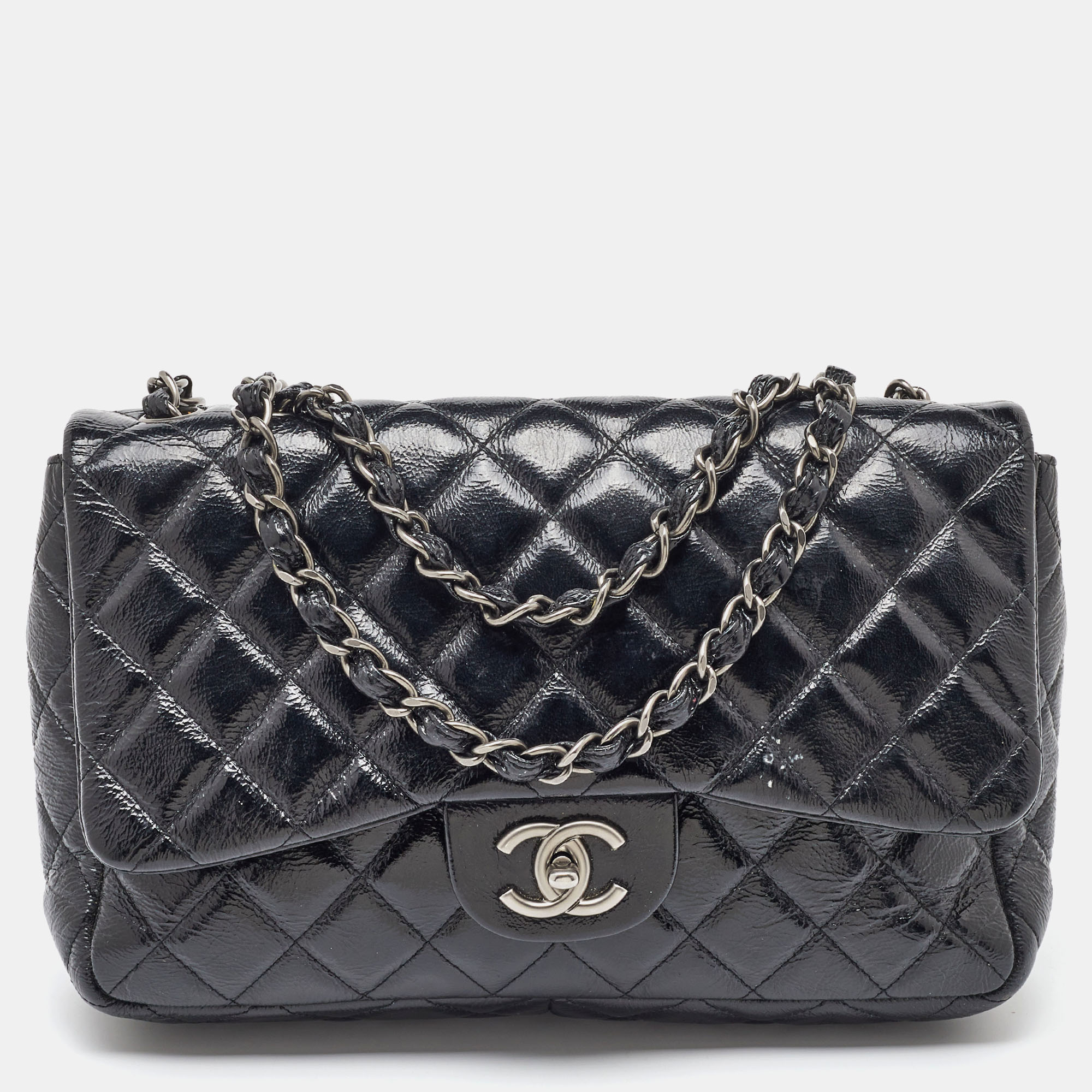 

Chanel Black Crinkled Quilted Patent Leather Jumbo Single Flap Bag