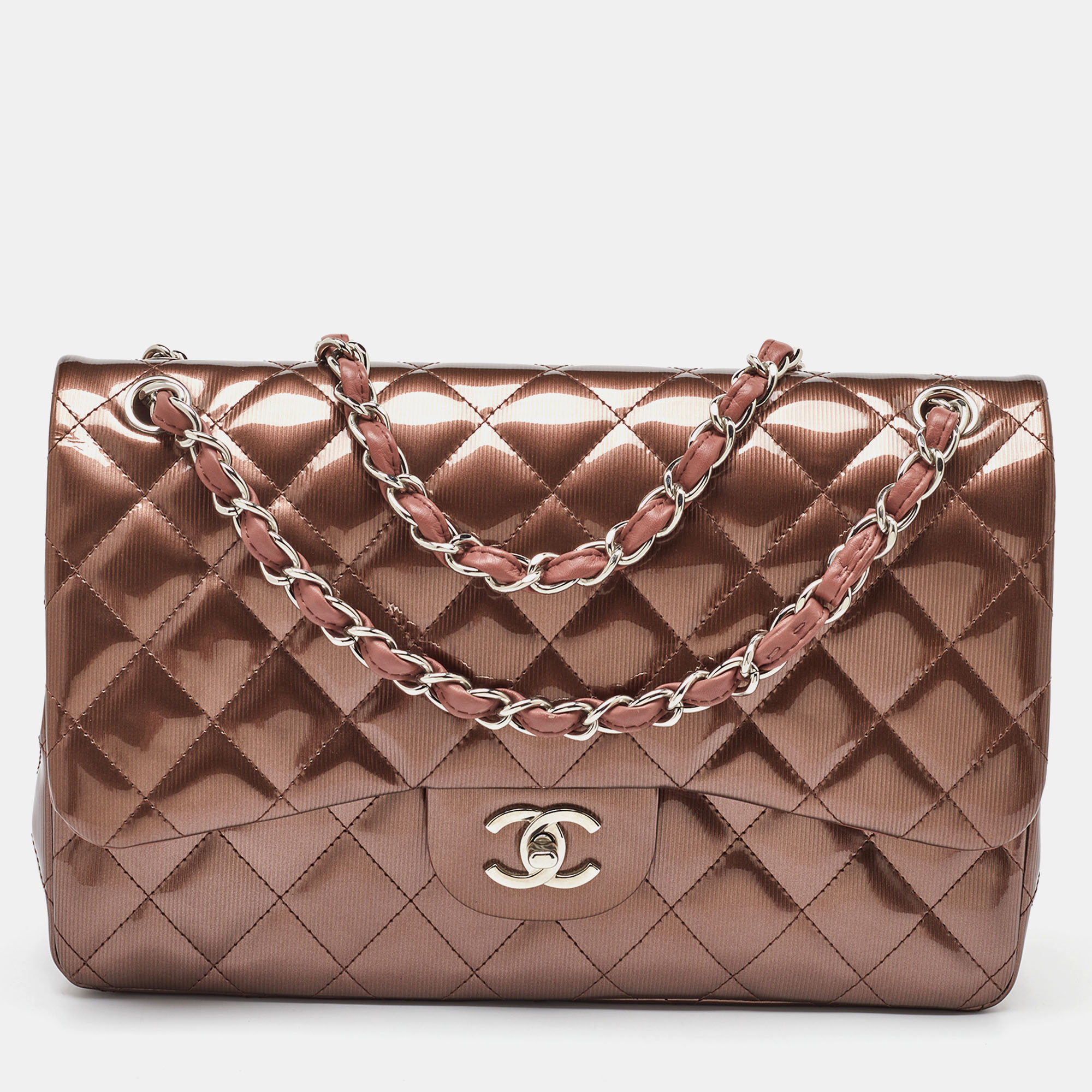 

Chanel Antique Rose Quilted Patent Vinyl Jumbo Classic Double Flap Bag, Pink