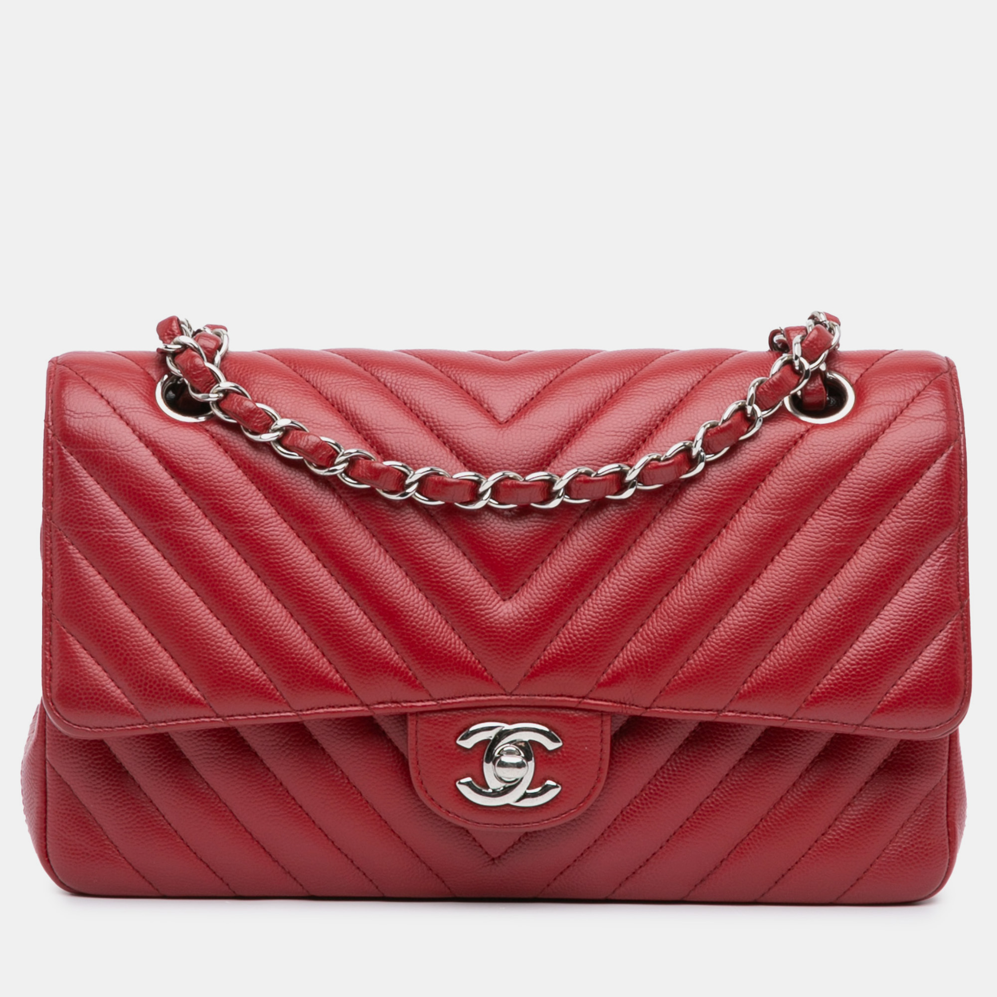 

Chanel Red Medium Classic Chevron Caviar Double Flap