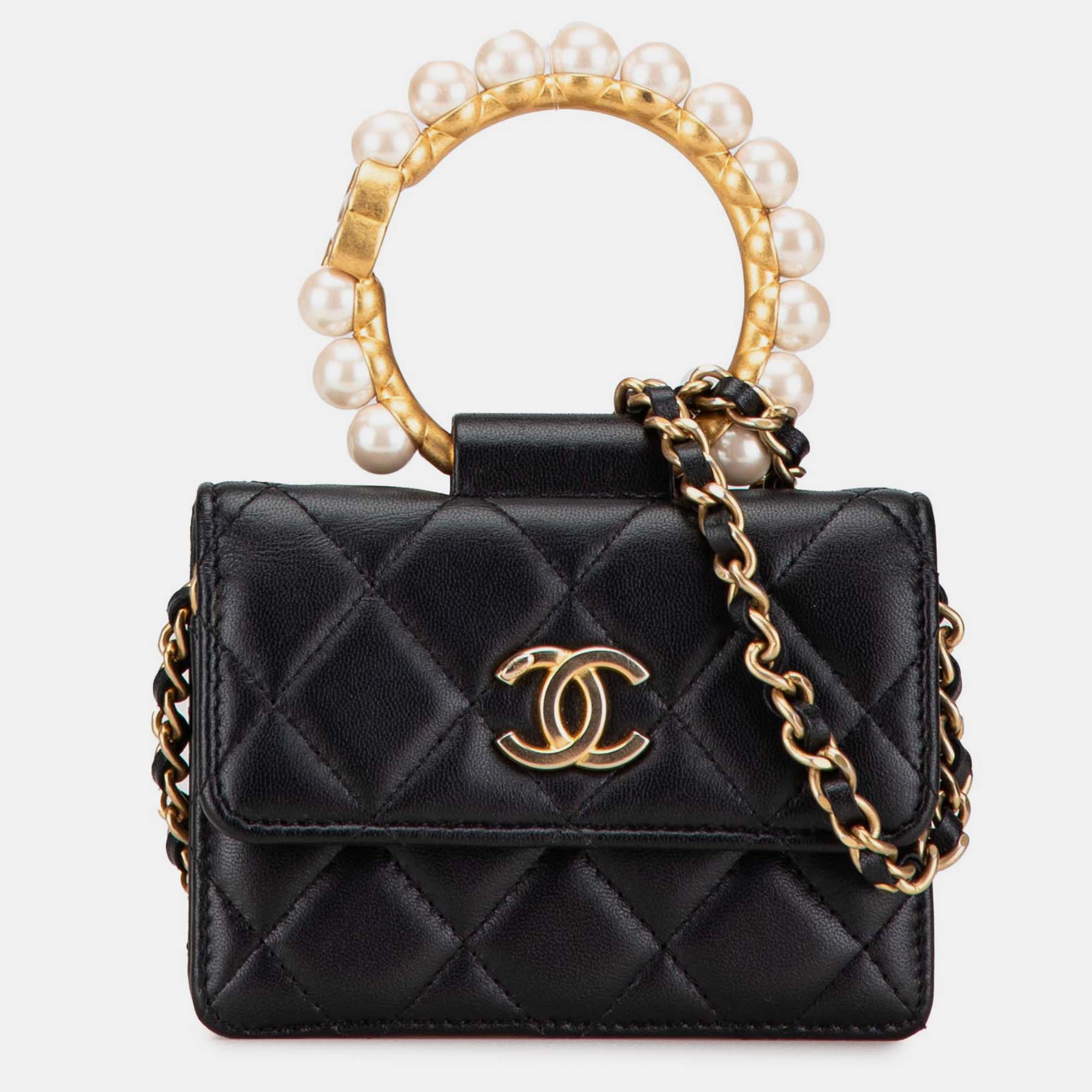 

Chanel Black Quilted Lambskin Pearl Crown Clutch On Chain