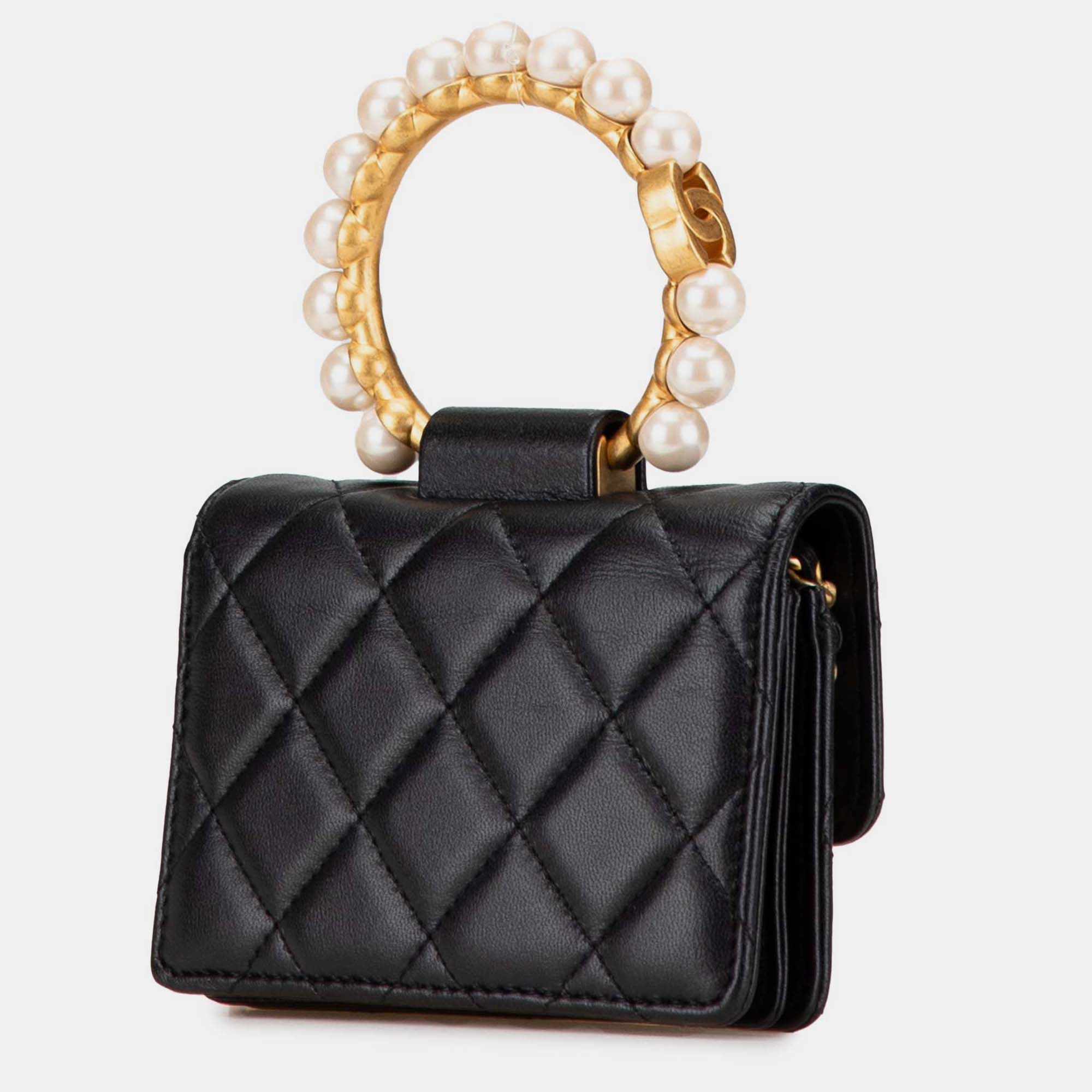 Chanel Black Quilted Lambskin Pearl Crown Clutch On Chain 