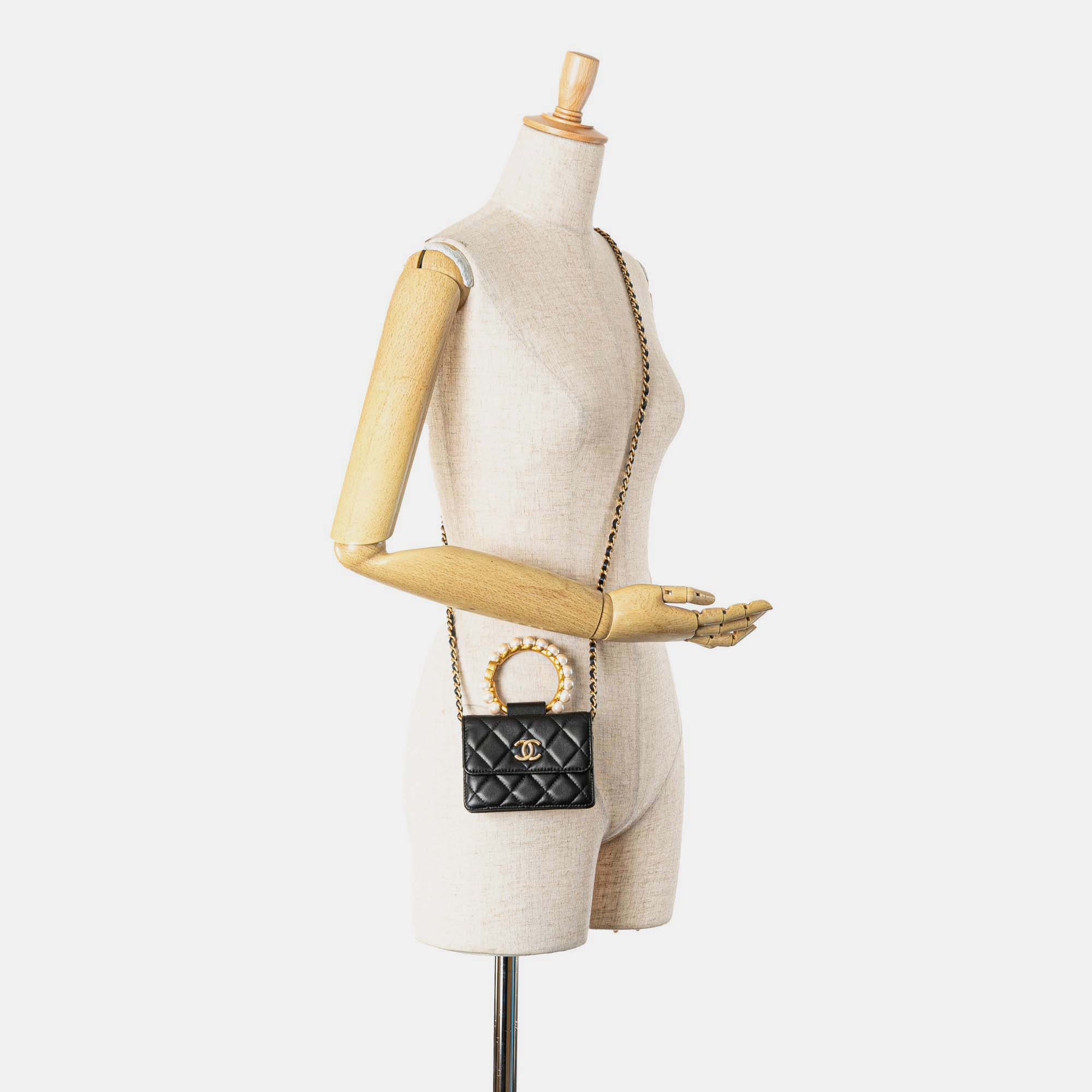 Chanel Black Quilted Lambskin Pearl Crown Clutch On Chain 