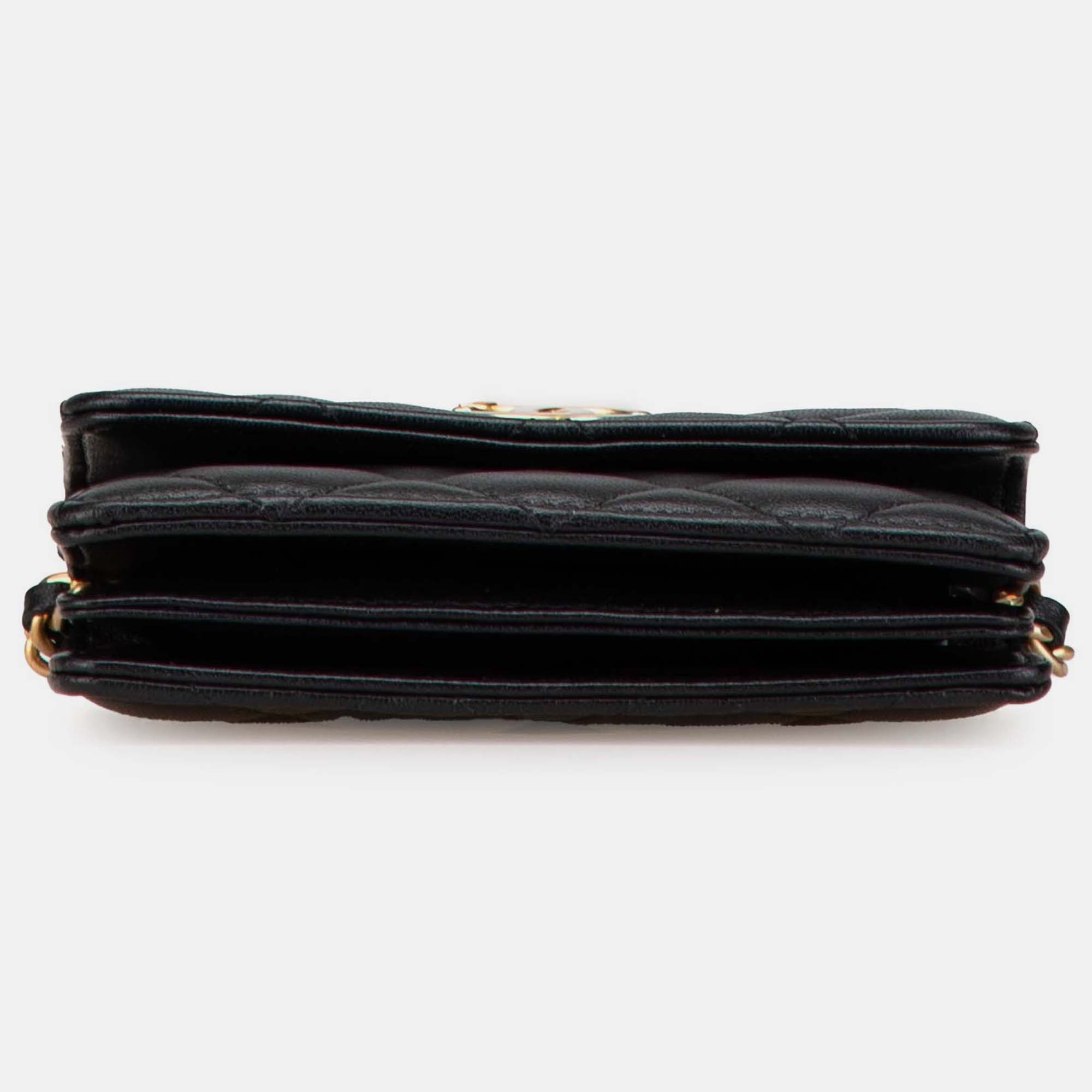Chanel Black Quilted Lambskin Pearl Crown Clutch On Chain 