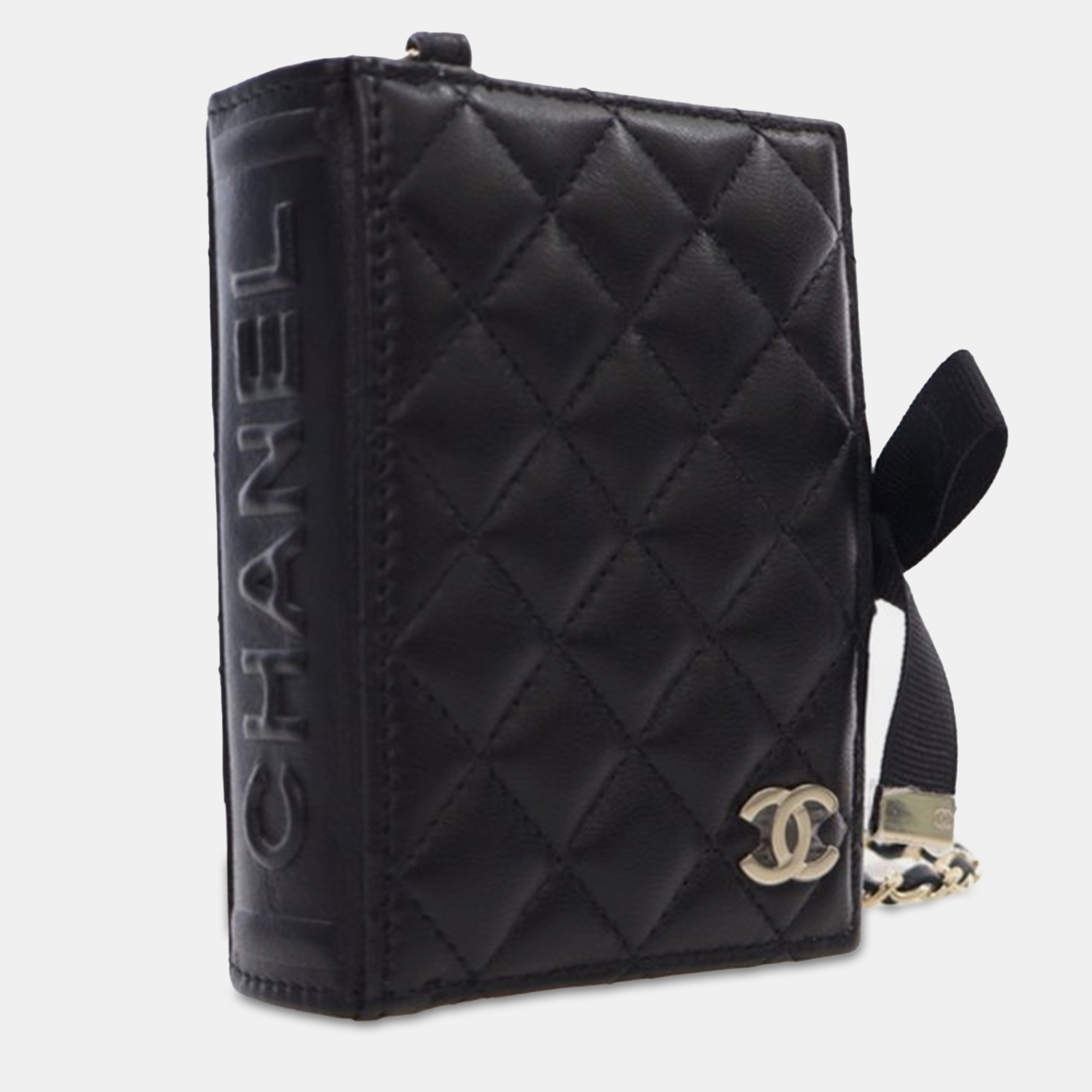 Chanel Black Quilted Lambskin Book Card Holder On Chain 