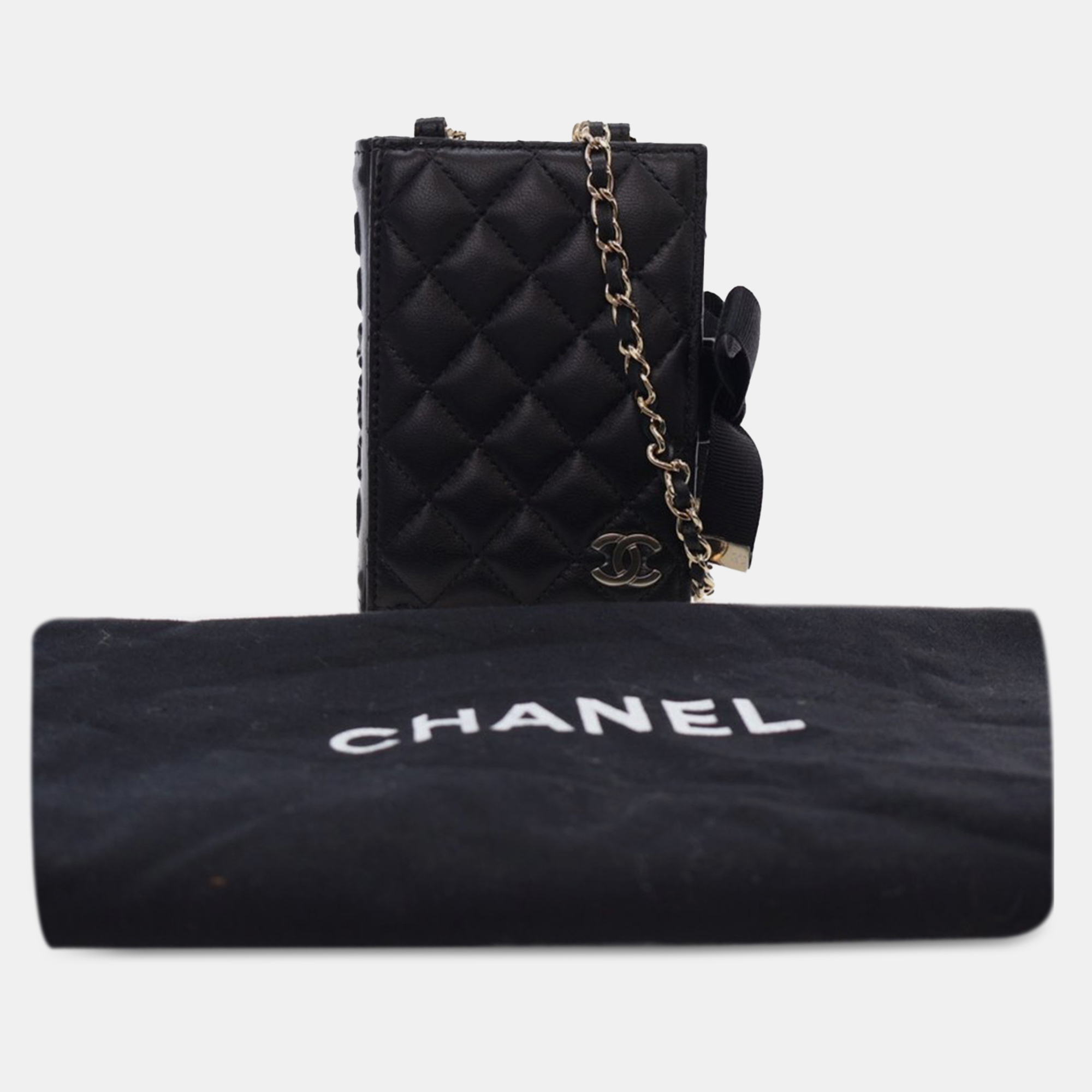 Chanel Black Quilted Lambskin Book Card Holder On Chain 