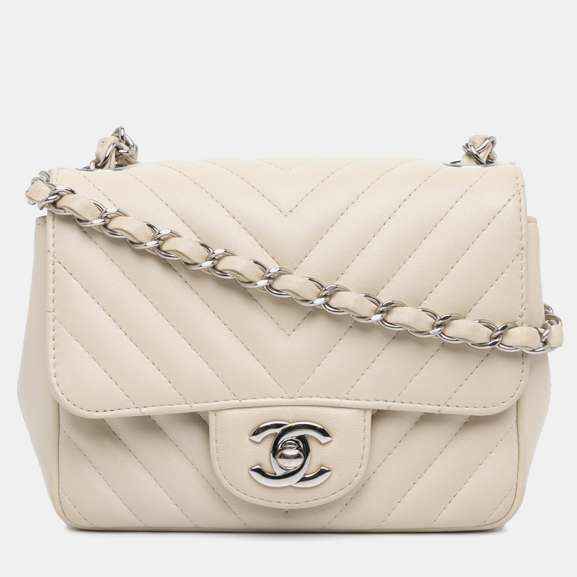 

Chanel White Tone Chevron Lambskin Mini Square Classic Single Flap Bag, Beige