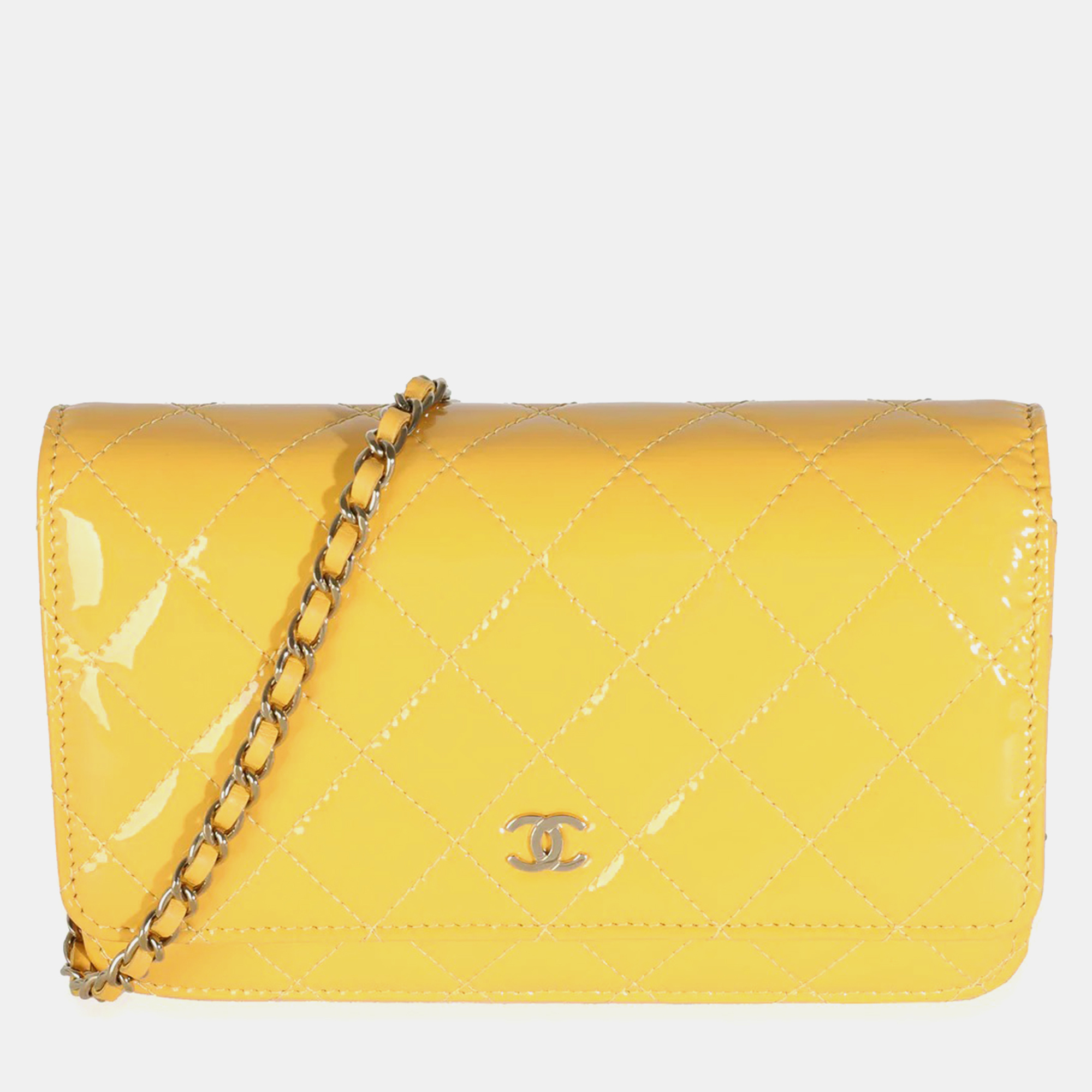 

Chanel 23A Yellow Quilted Patent Classic Wallet On Chain