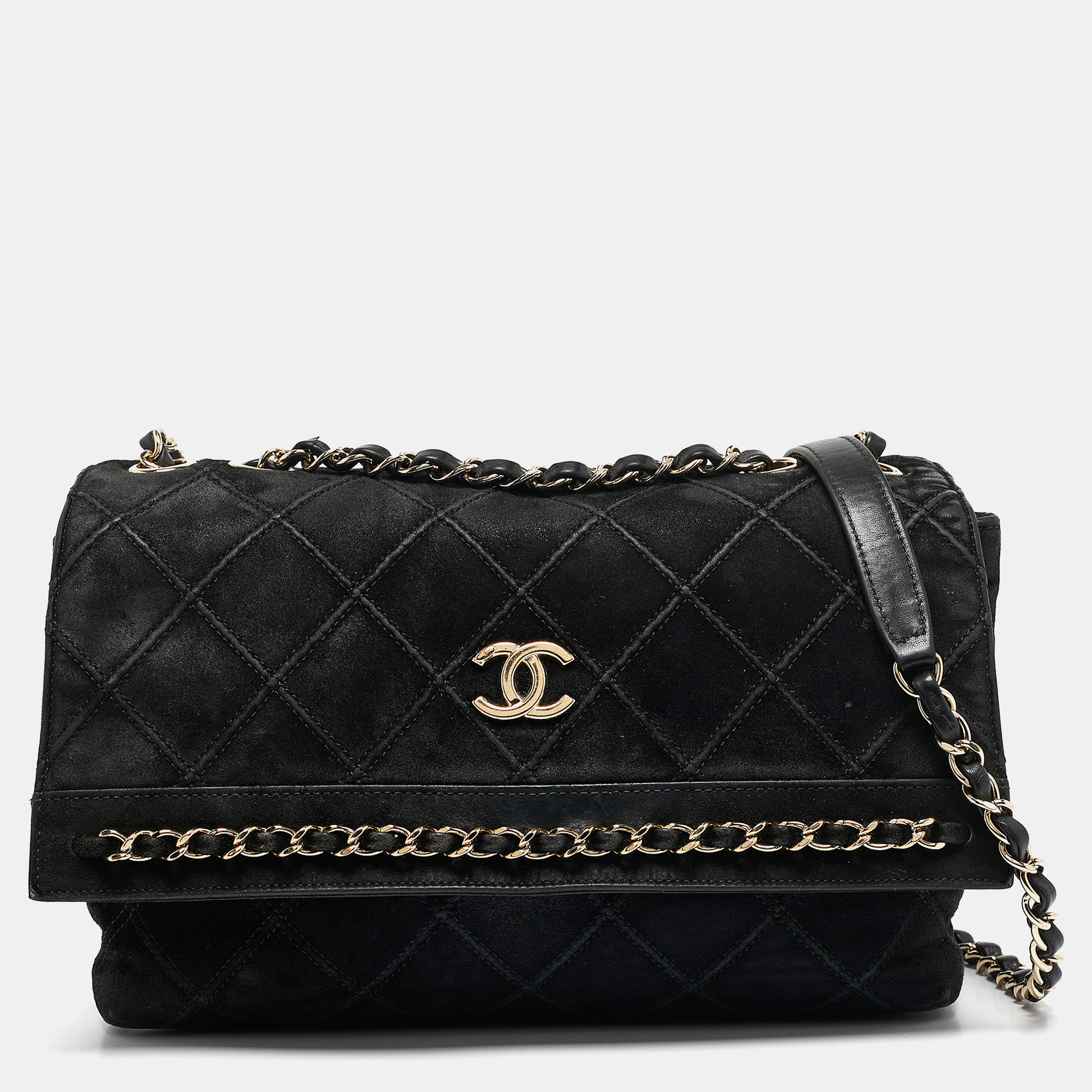 

Chanel Black Diamond Stitched Suede Lovely Chains Flap Bag