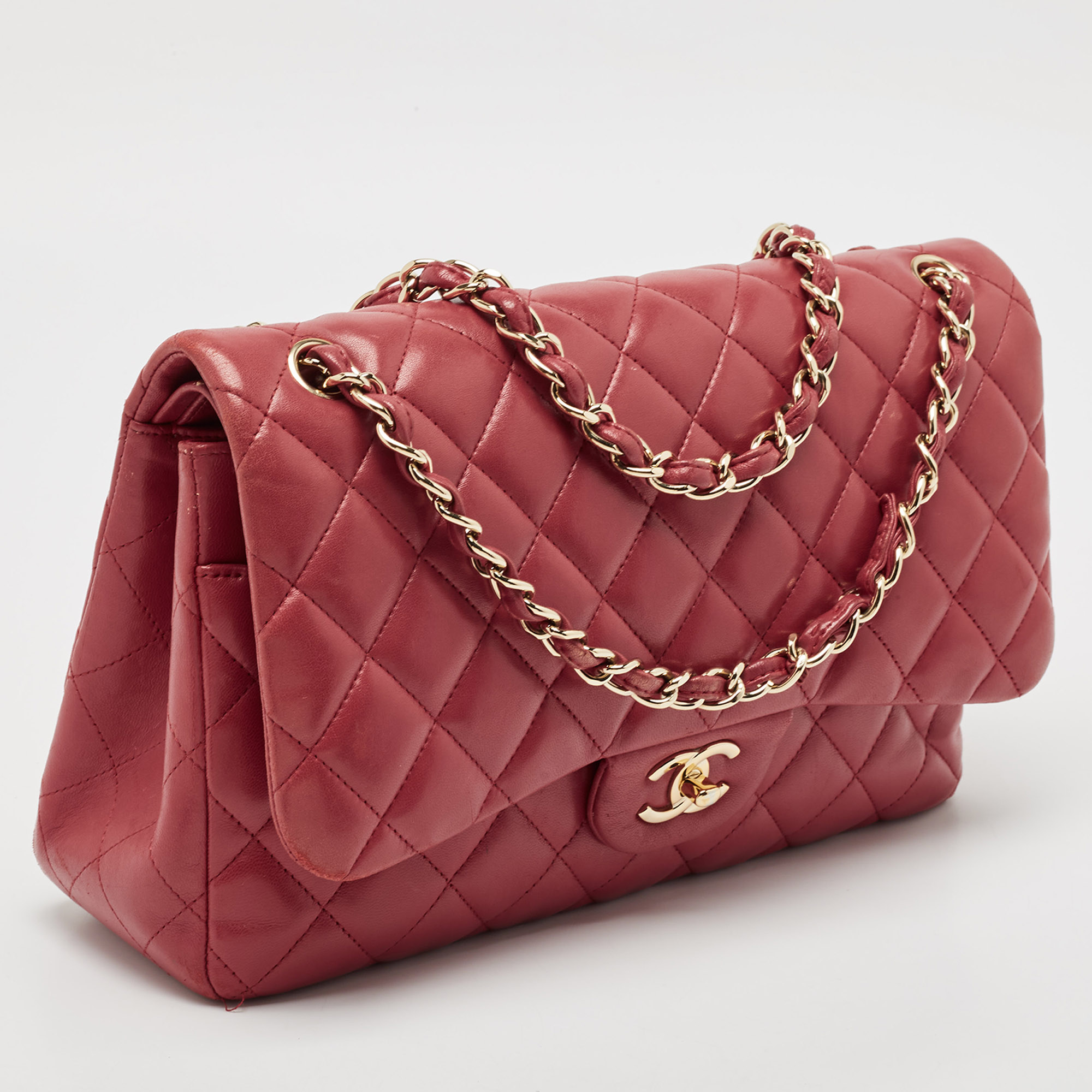 Chanel Red Quilted Lambskin Leather Jumbo Classic Double Flap Bag 