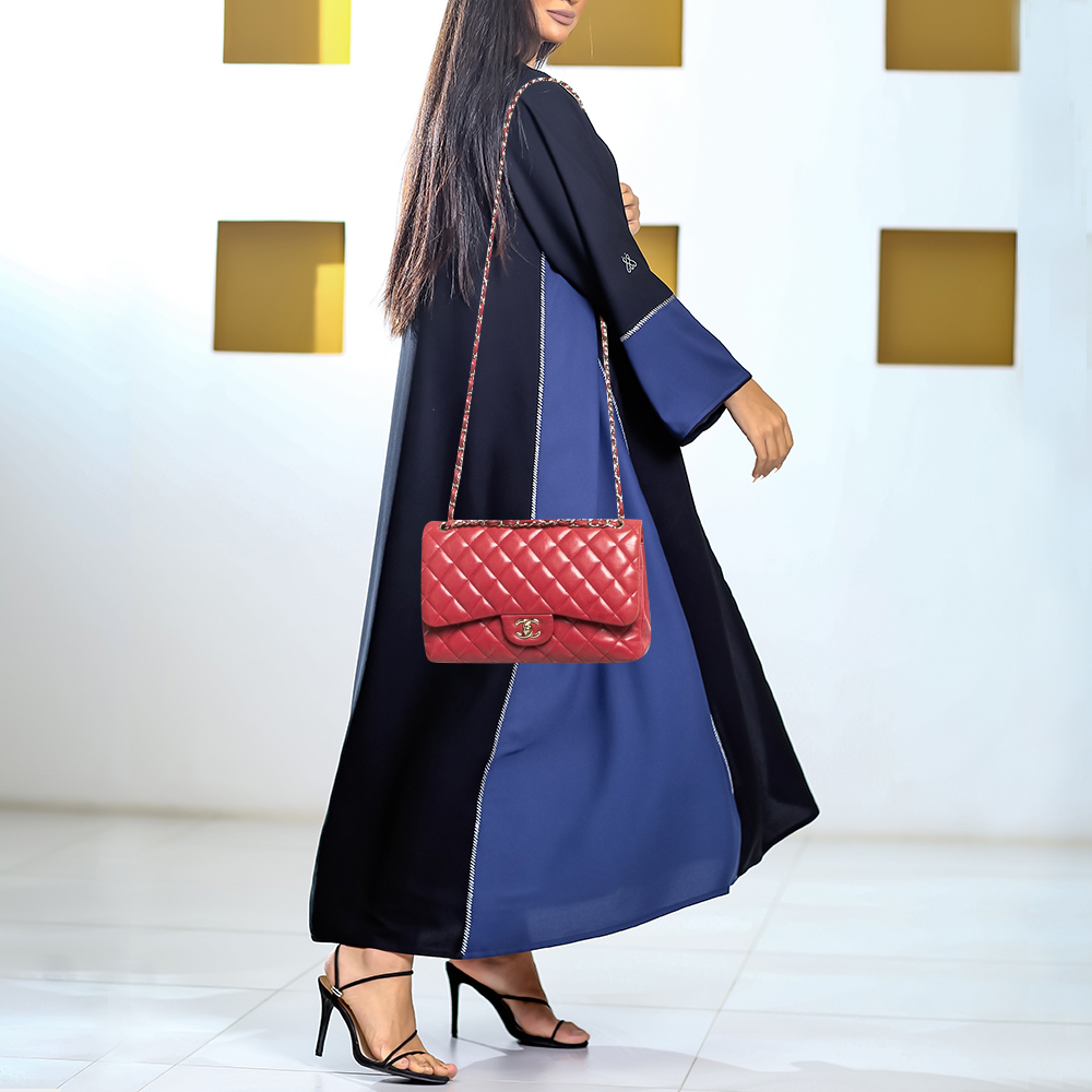 Chanel Red Quilted Lambskin Leather Jumbo Classic Double Flap Bag 