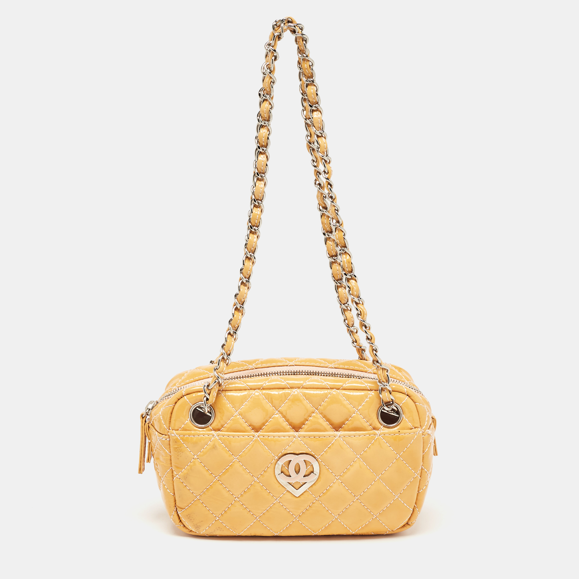 

Chanel Yellow Quilted Patent Leather Valentine Collection Camera Case Bag