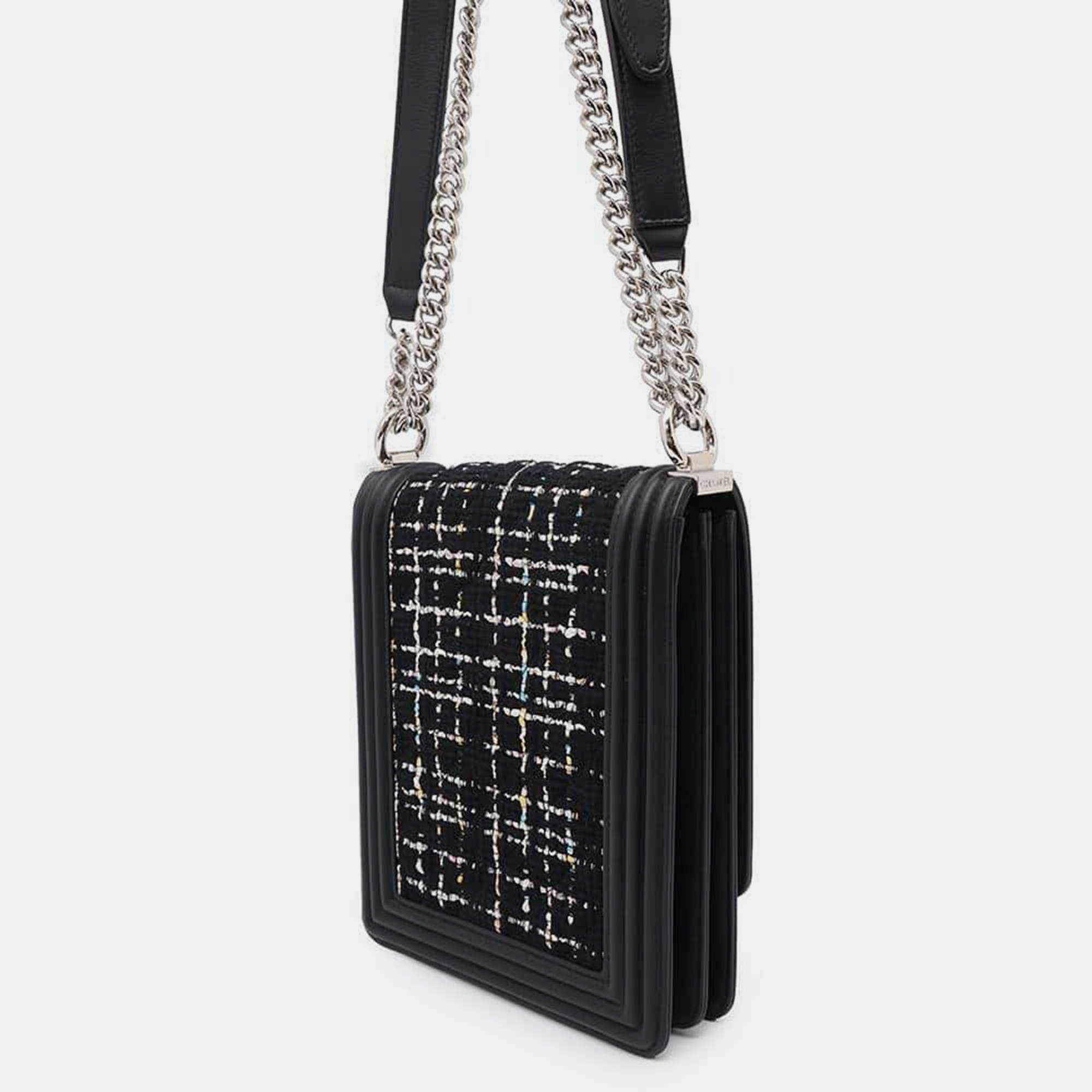 Chanel Black/White Tweed Lambskin Boy Chain Shoulder  Bag 