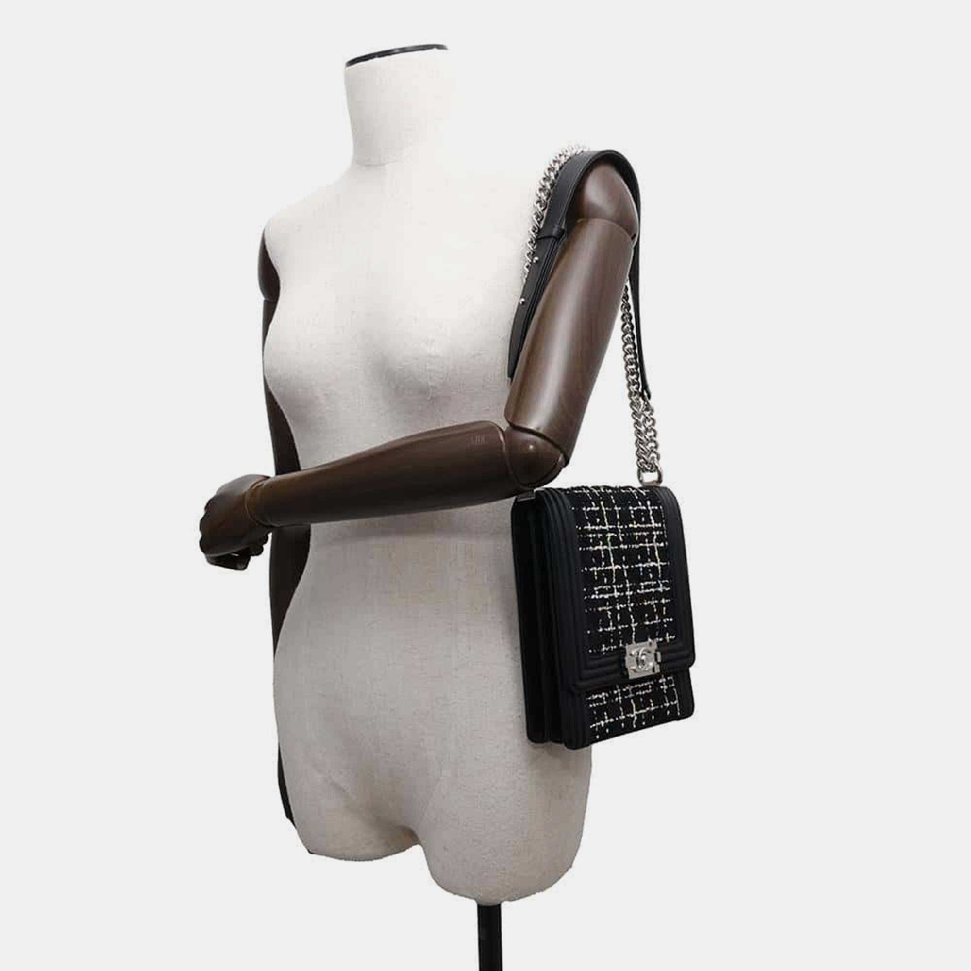 Chanel Black/White Tweed Lambskin Boy Chain Shoulder  Bag 