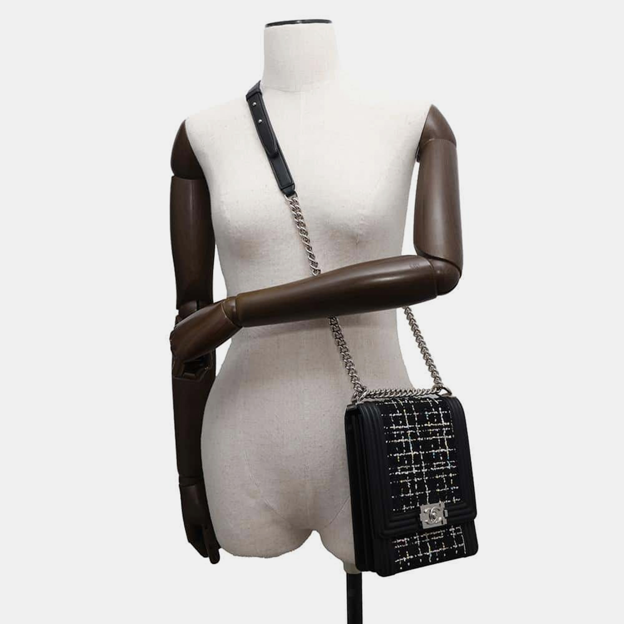 Chanel Black/White Tweed Lambskin Boy Chain Shoulder  Bag 
