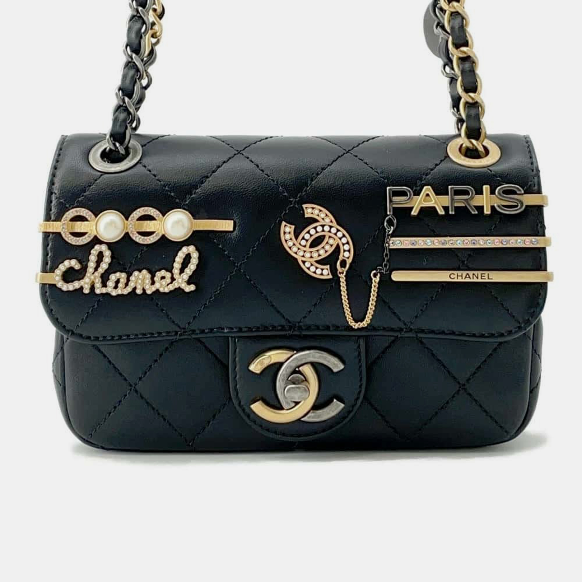 

Chanel Matelasse Bag Charm Single Flap Chain Shoulder Black Lambskin Size Mini