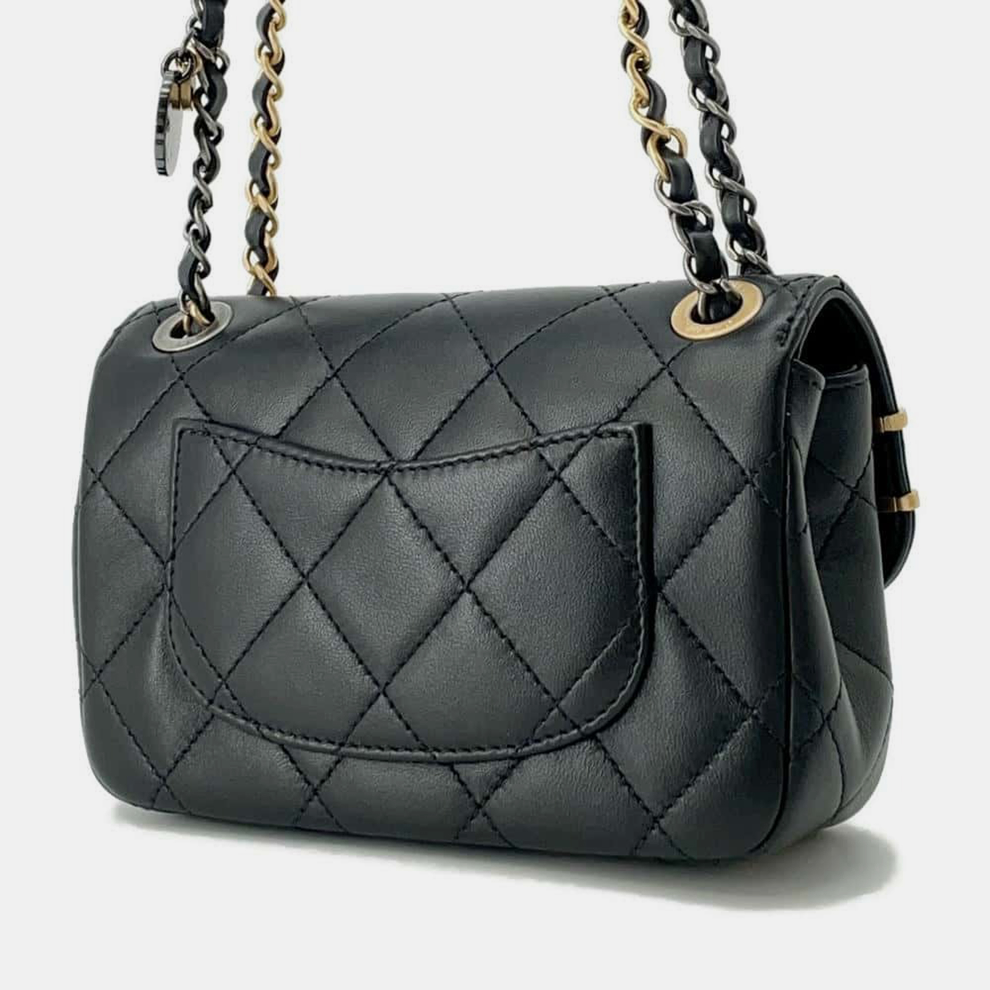 Chanel Black Lambskin Charm Single Flap Mini Chain Shoulder   Bag 