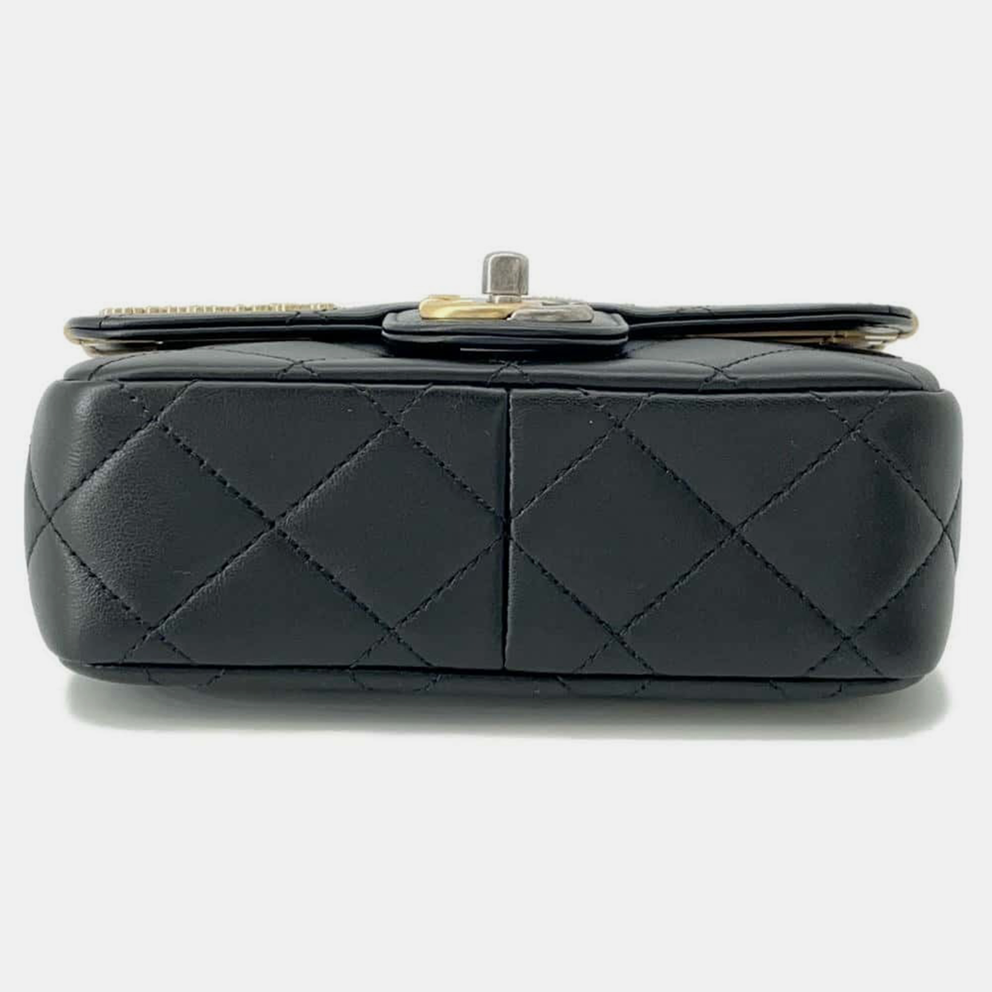 Chanel Black Lambskin Charm Single Flap Mini Chain Shoulder   Bag 