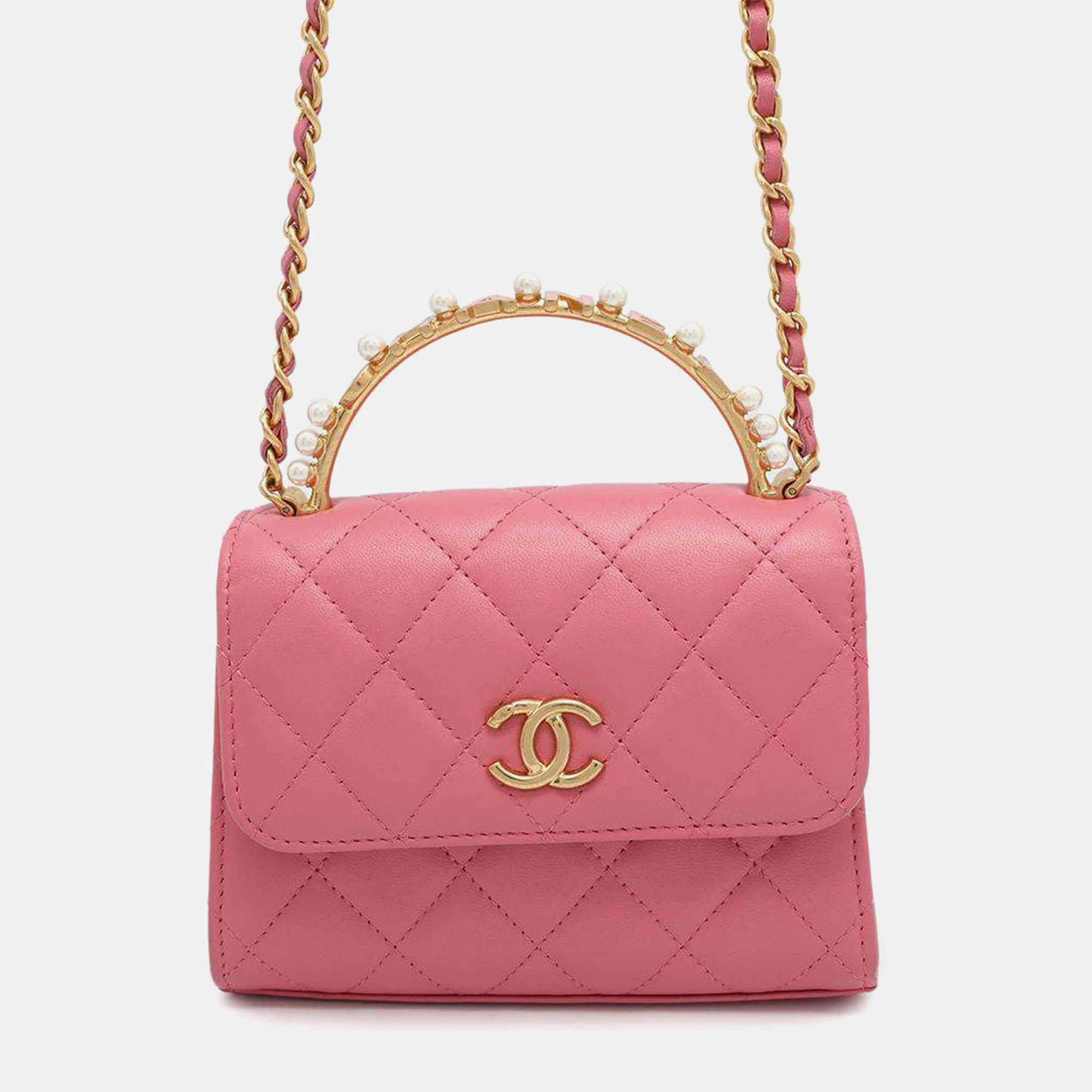 

Chanel Pink Lambskin Matelasse Pearl Handle Handbag