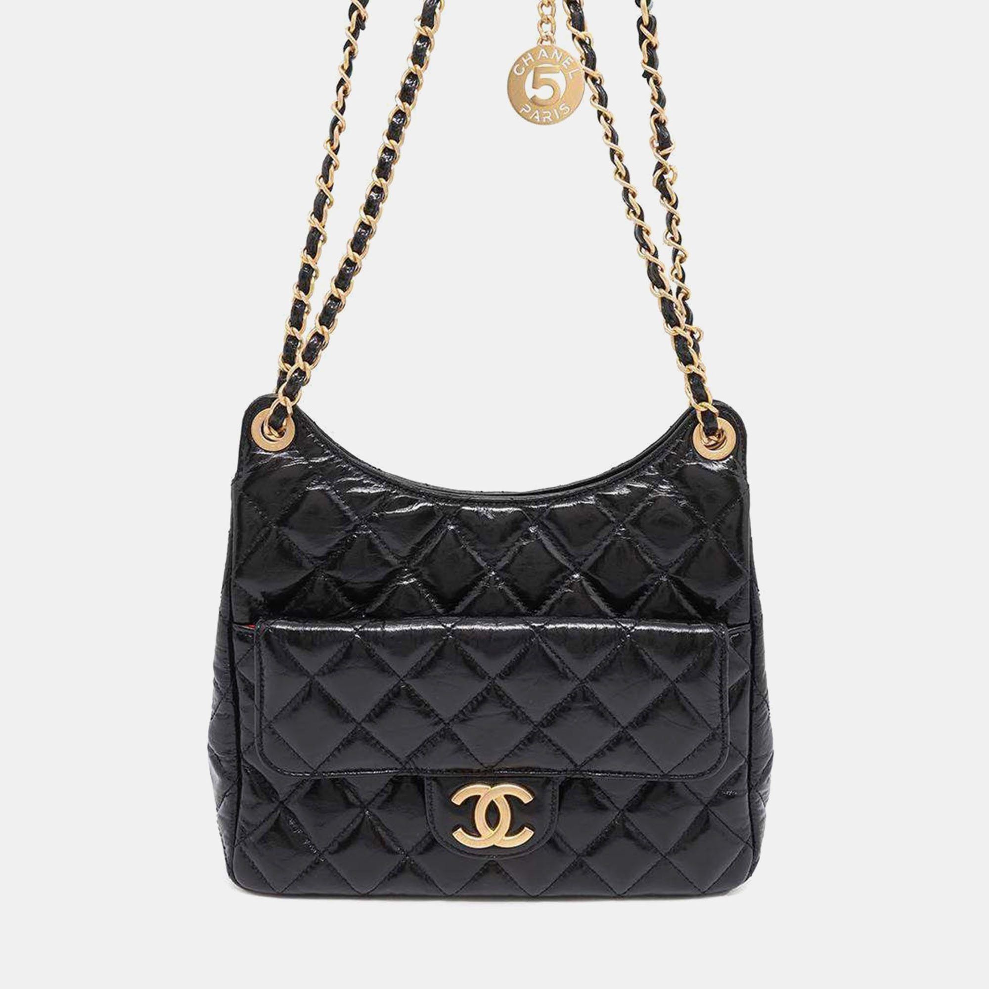 

Chanel Black Leather Matelasse CC Logo Hobo Bag