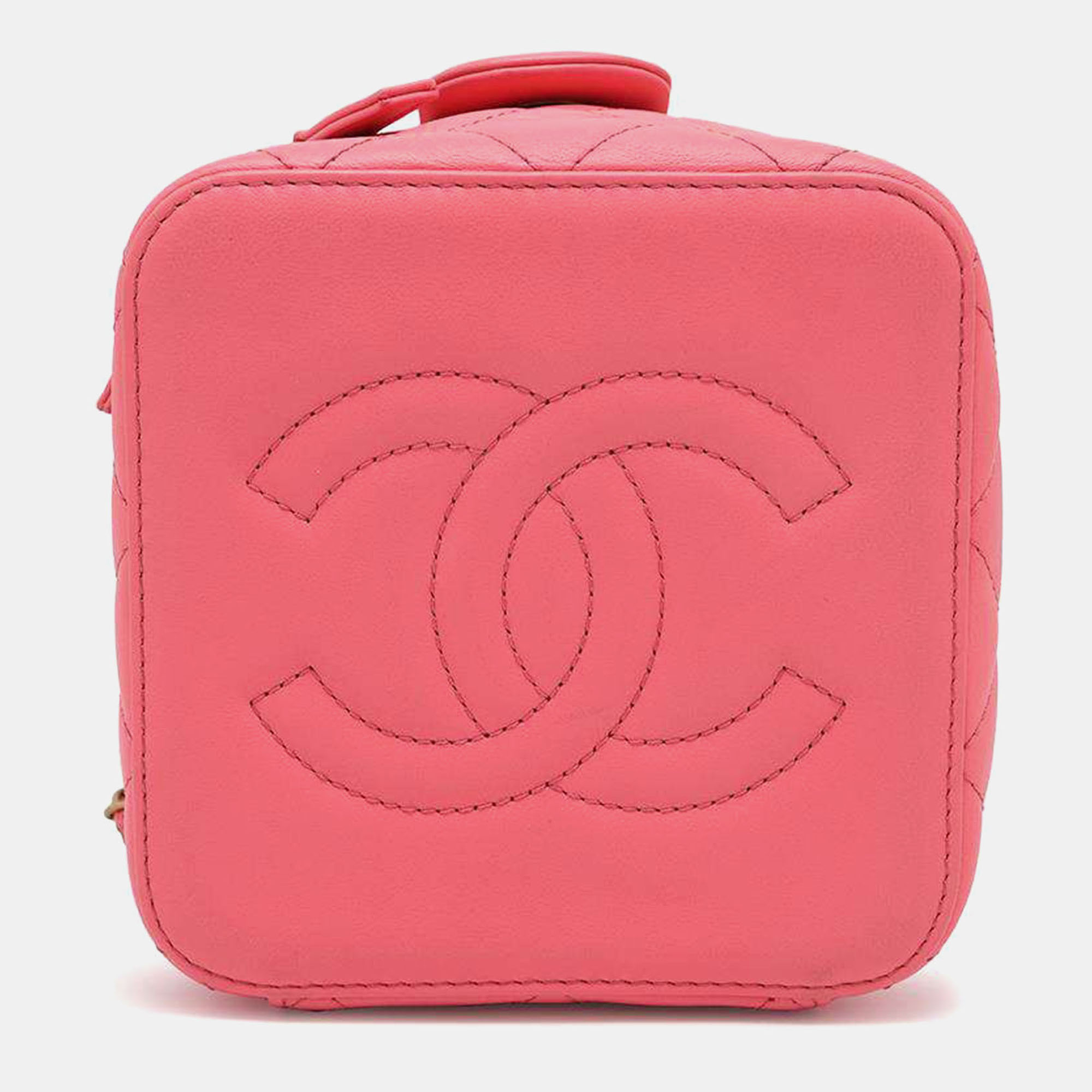 Chanel Pink Calf Leather Matelasse Chain Shoulder Vanity Bag 