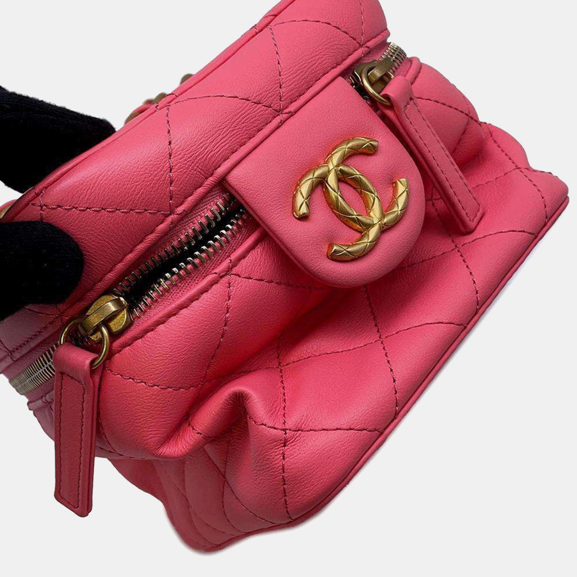 Chanel Pink Calf Leather Matelasse Chain Shoulder Vanity Bag 