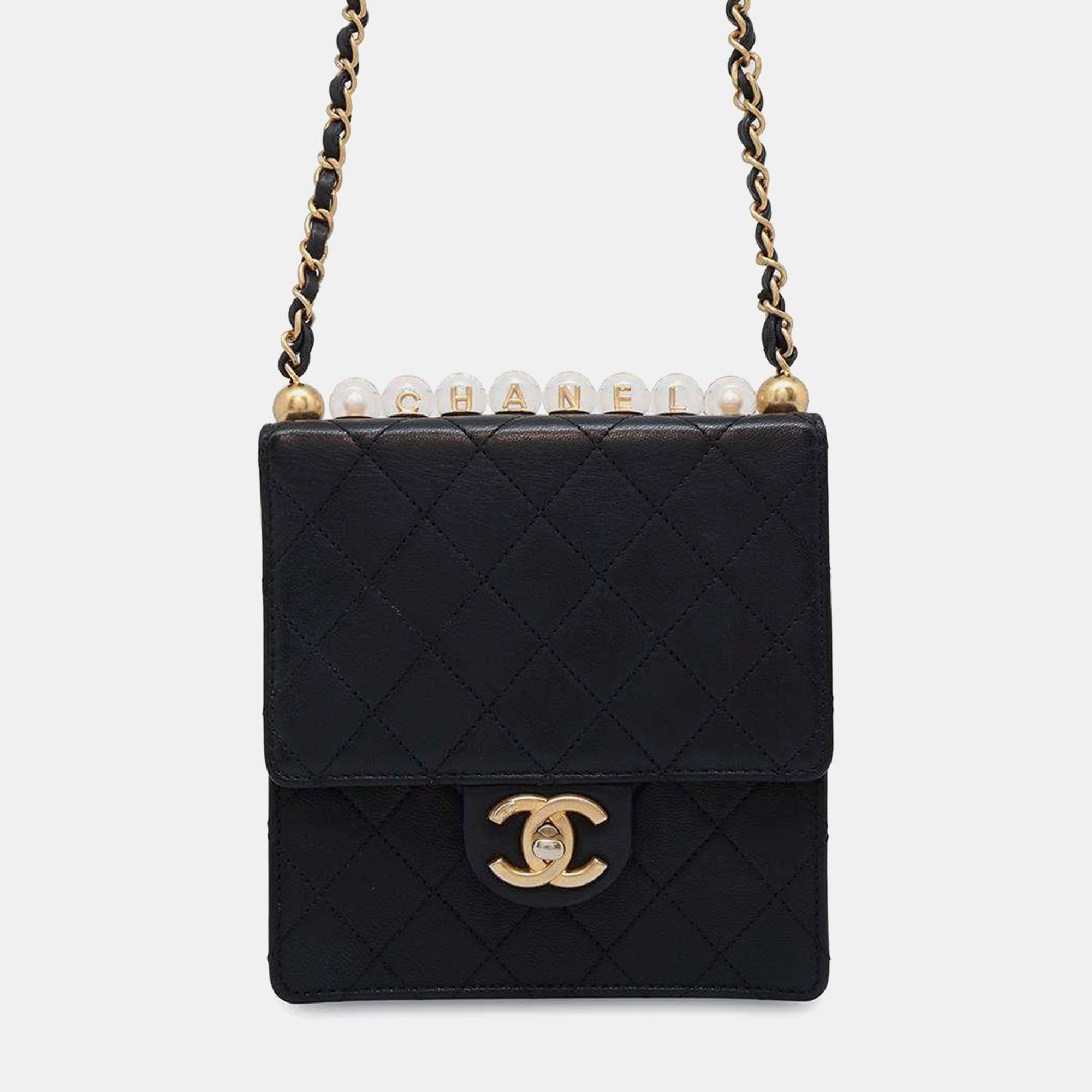 

Chanel Black Goatskin Leather Chic Pearl Chain Shoulder Bag