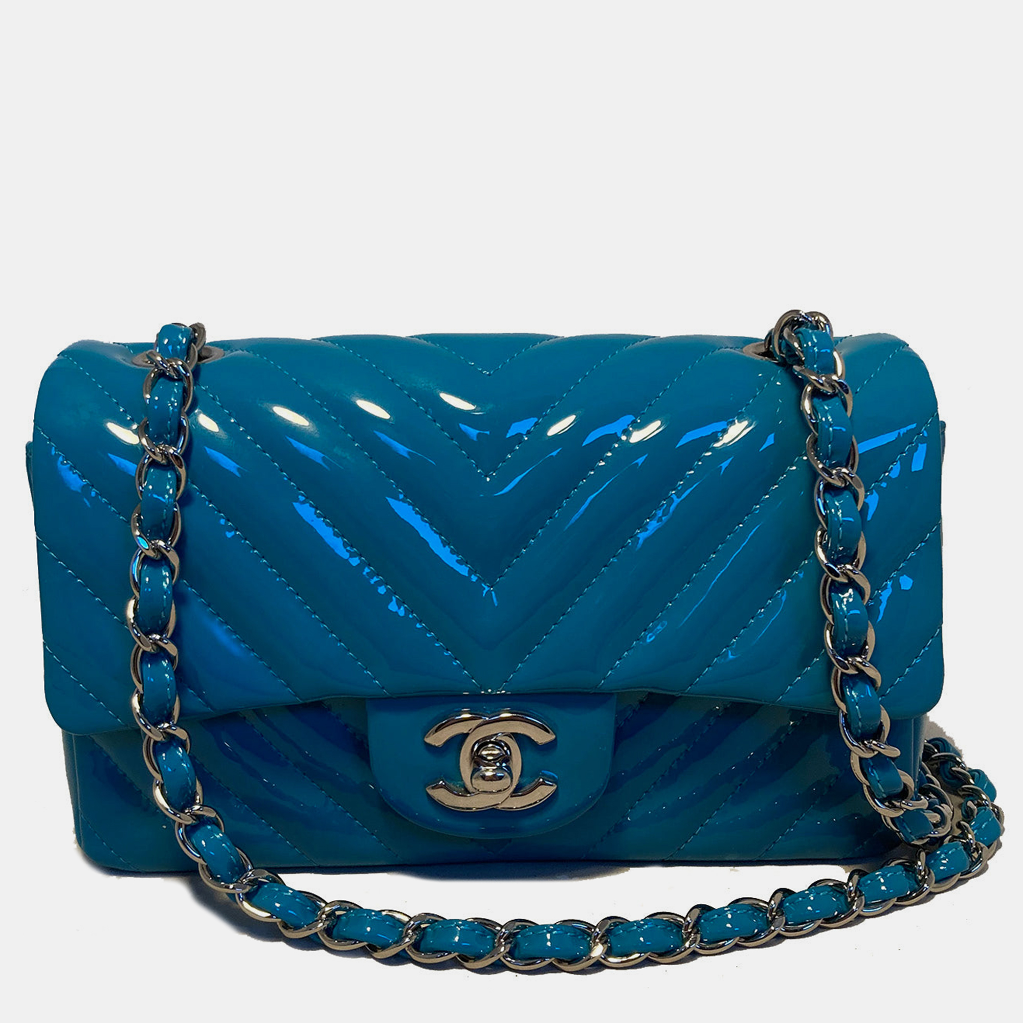 

Chanel Teal Chevron Quilted Patent Leather Mini Classic Flap, Blue